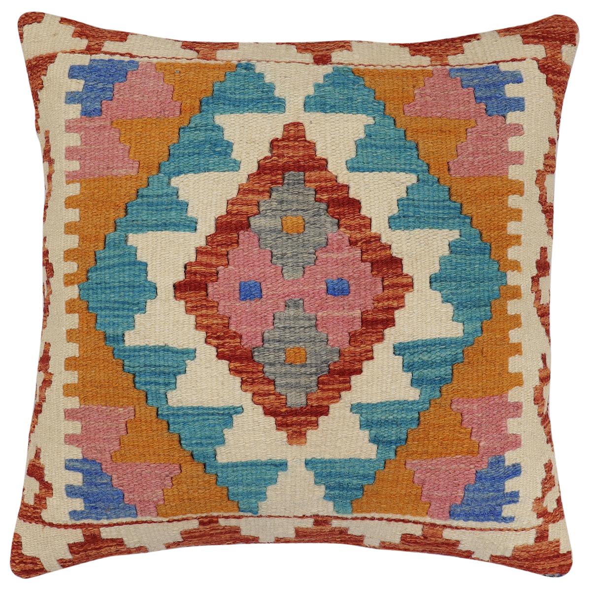 handmade Traditional Pillow Rust Blue Hand-Woven SQUARE 100% WOOL Hand woven turkish pillow2' x 2'