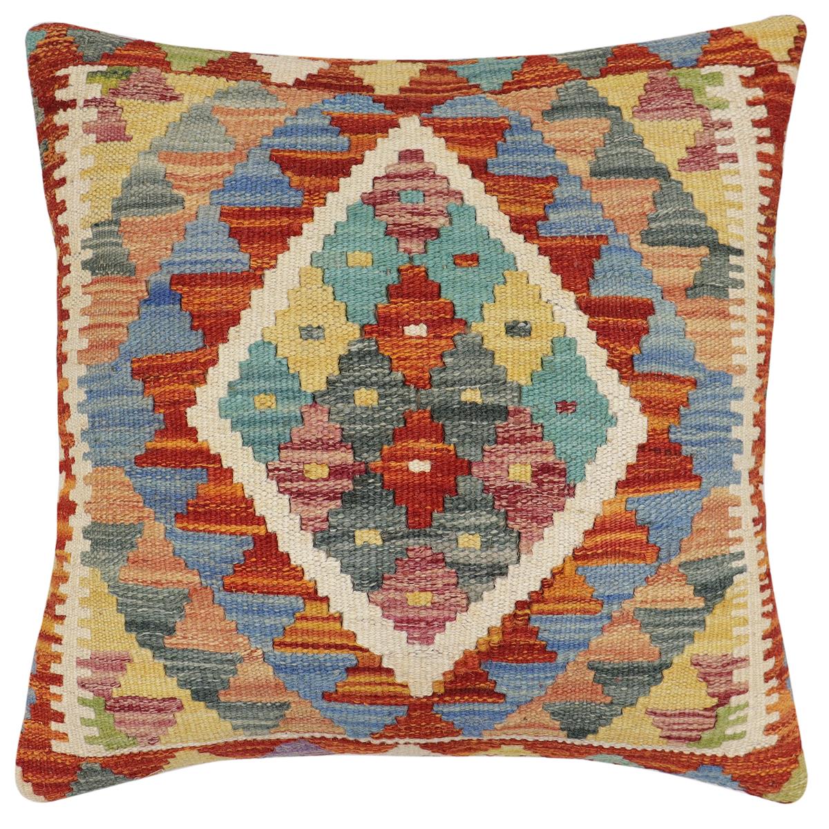 handmade Traditional Pillow Rust Blue Hand-Woven SQUARE 100% WOOL Hand woven turkish pillow2' x 2'