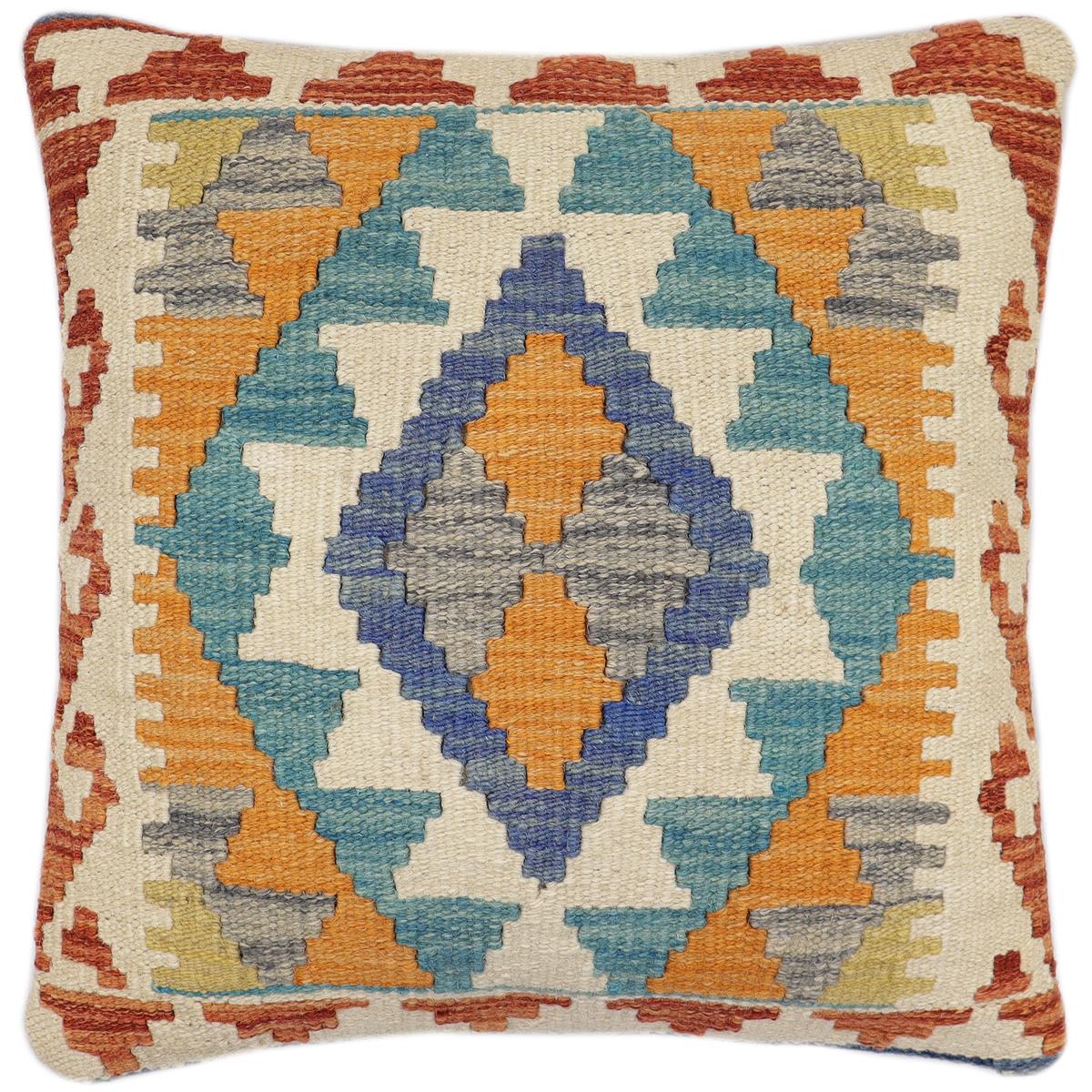handmade Traditional Pillow Blue Rust Hand-Woven SQUARE 100% WOOL Hand woven turkish pillow2' x 2'