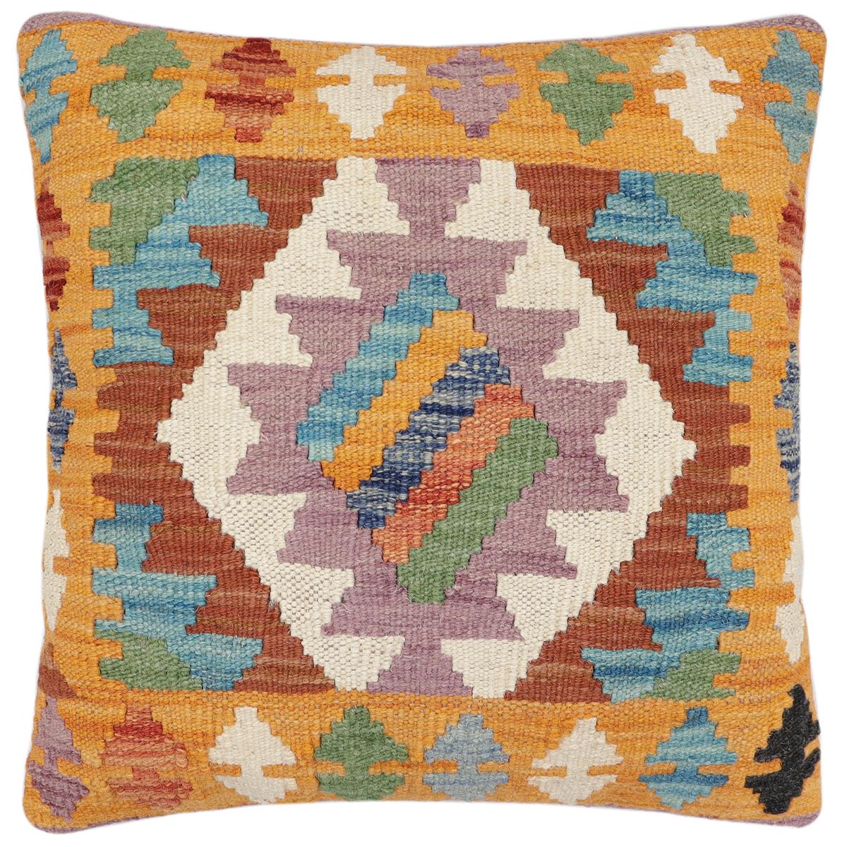 handmade Traditional Pillow Blue Orange Hand-Woven SQUARE 100% WOOL Hand woven turkish pillow2' x 2'