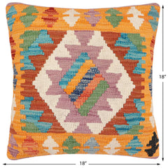 handmade Traditional Pillow Blue Orange Hand-Woven SQUARE 100% WOOL Hand woven turkish pillow2' x 2'