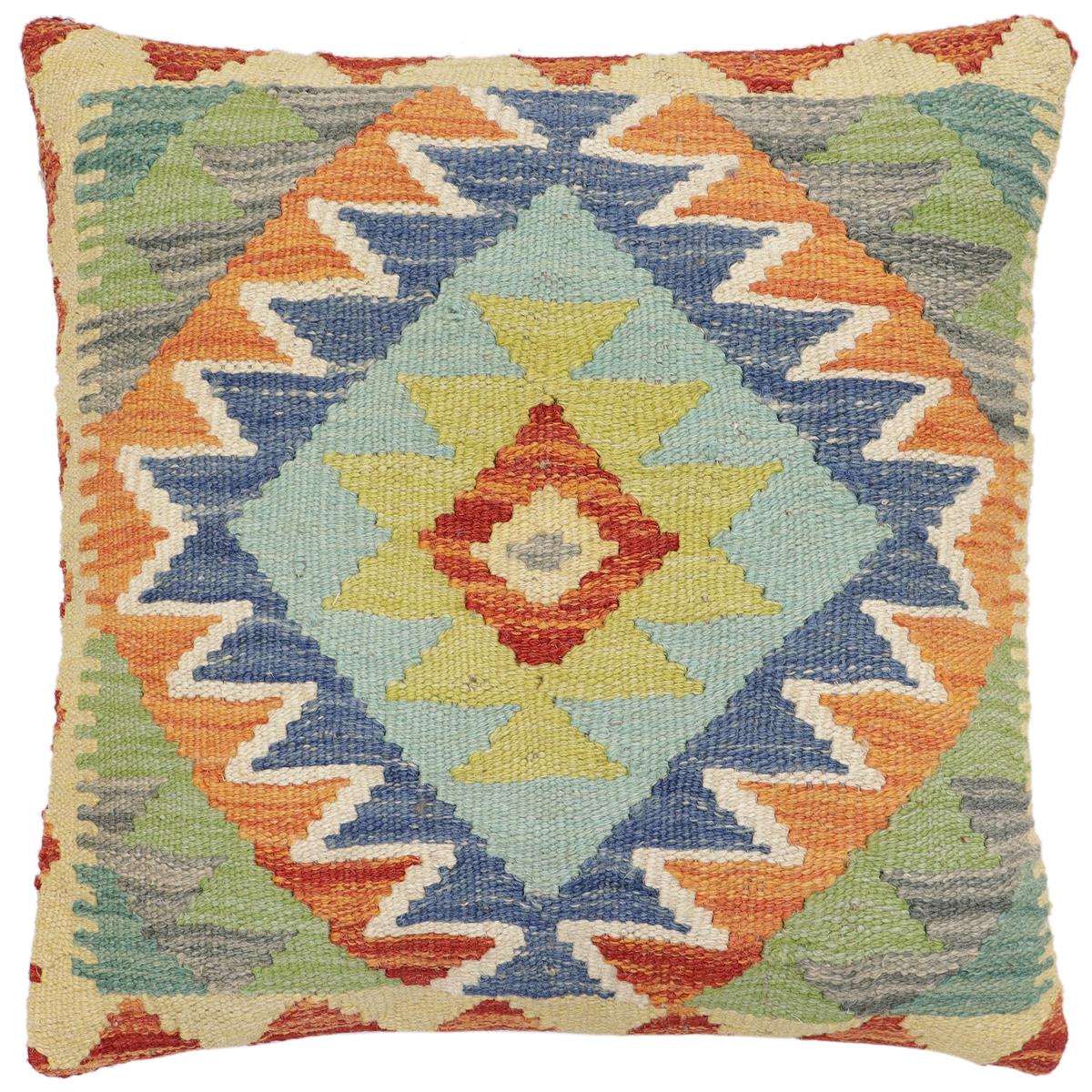 handmade Traditional Pillow Rust Blue Hand-Woven SQUARE 100% WOOL Hand woven turkish pillow2' x 2'