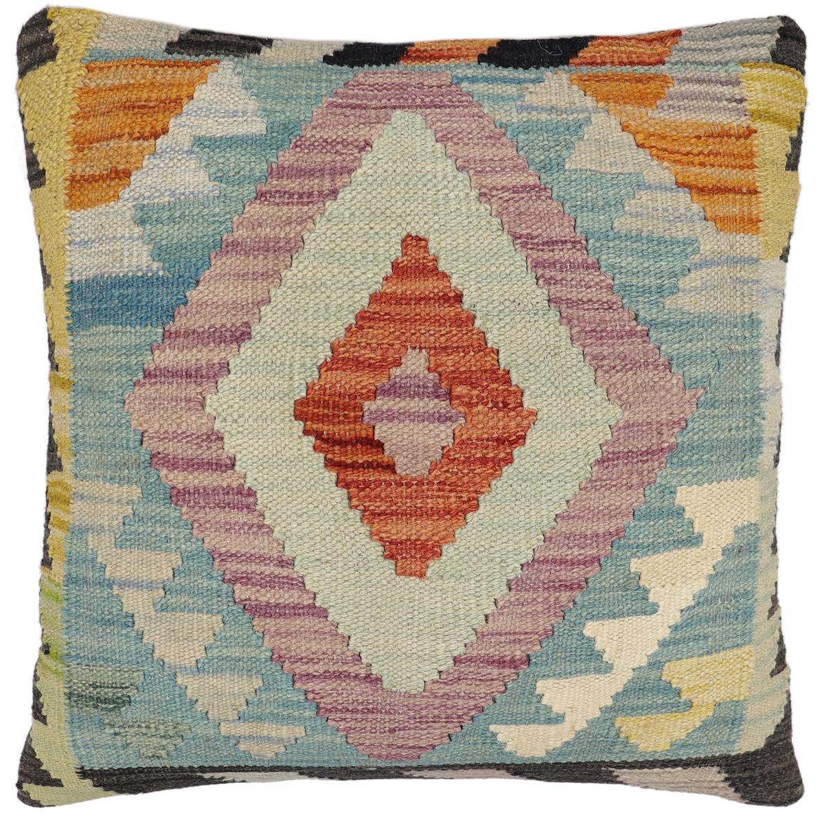 handmade Traditional Pillow Blue Rust Hand-Woven SQUARE 100% WOOL Hand woven turkish pillow2' x 2'
