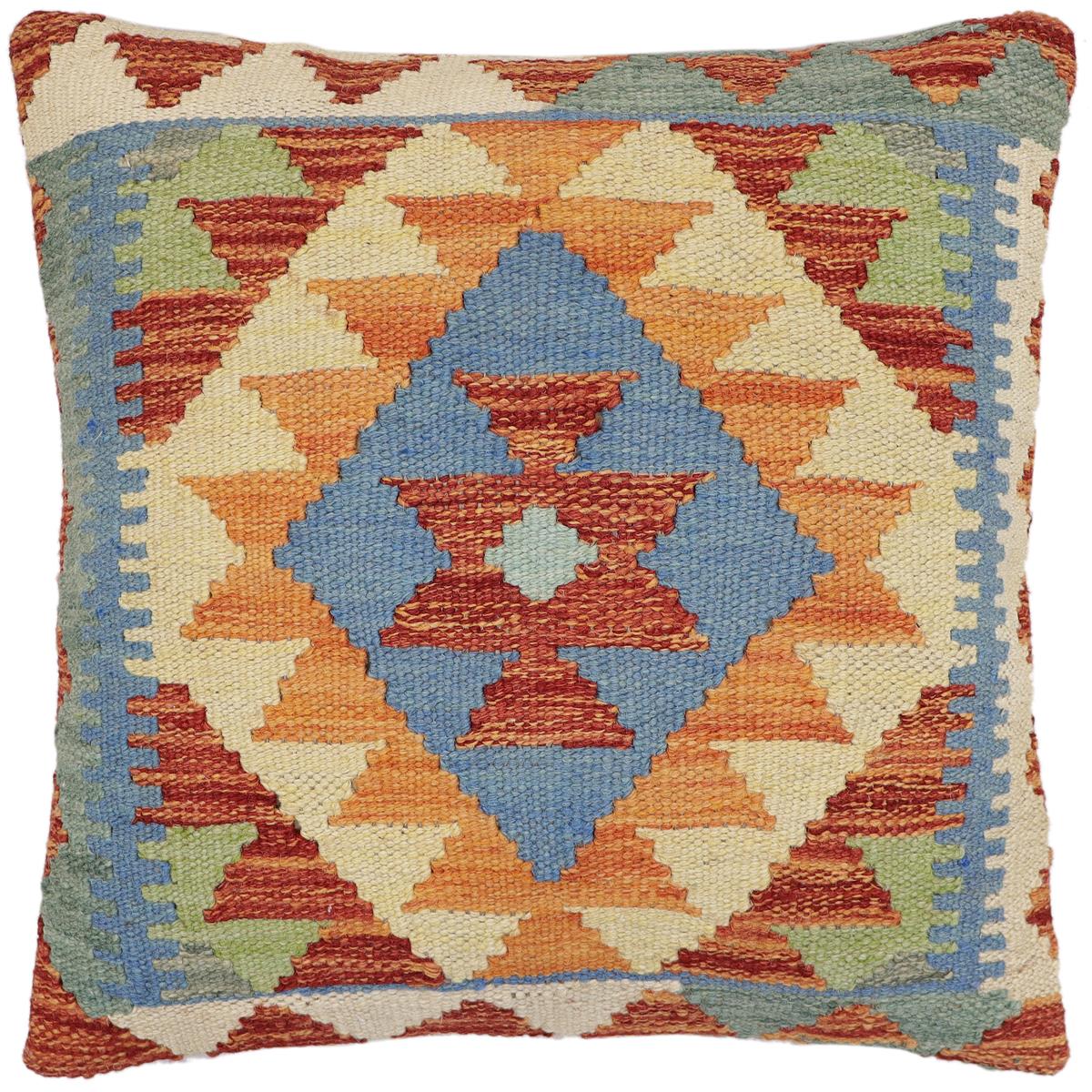 handmade Traditional Pillow Rust Blue Hand-Woven SQUARE 100% WOOL Hand woven turkish pillow2' x 2'