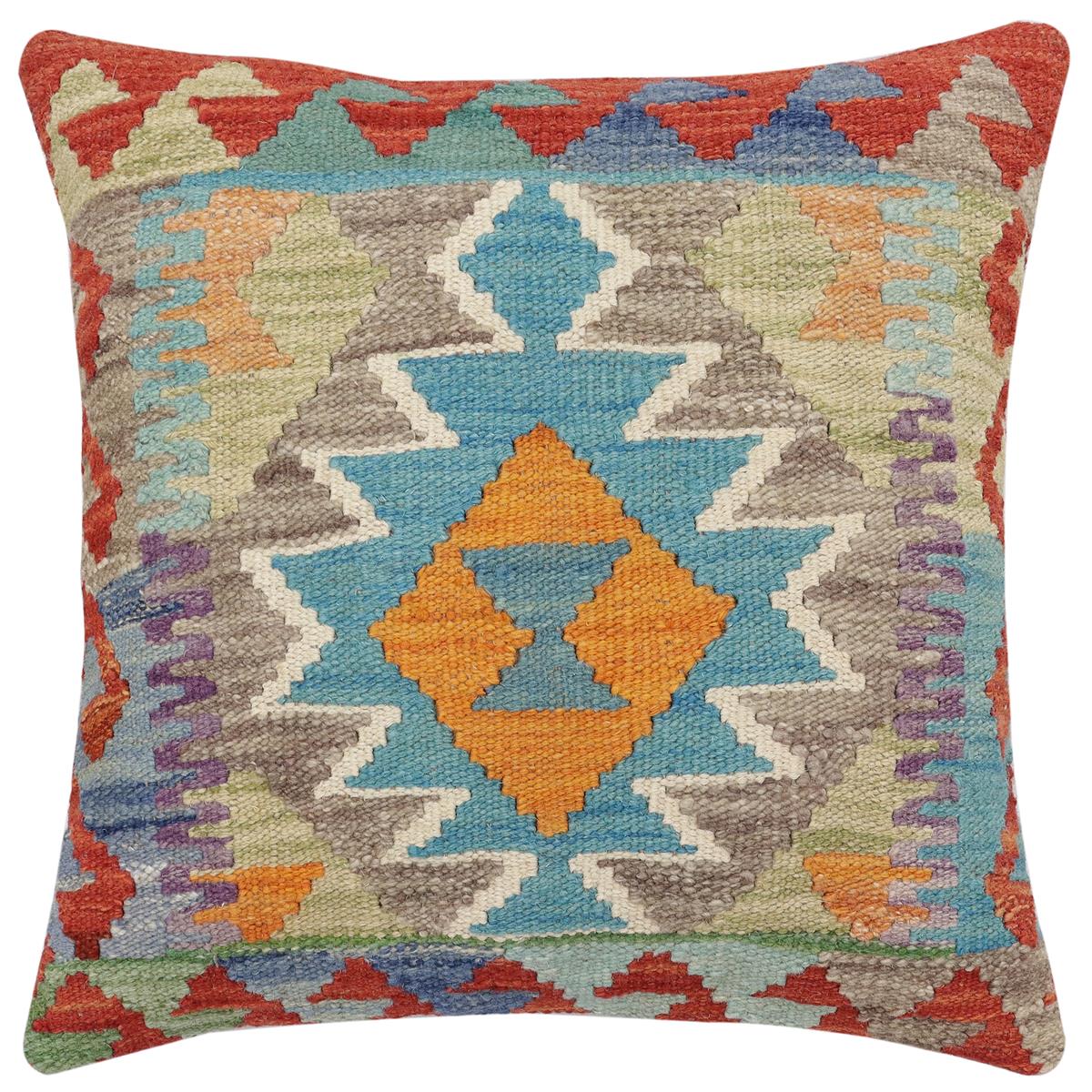 handmade Traditional Pillow Rust Blue Hand-Woven SQUARE 100% WOOL Hand woven turkish pillow2' x 2'
