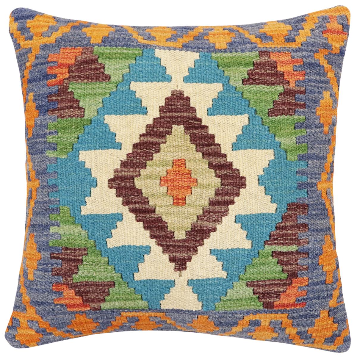 handmade Traditional Pillow Blue Rust Hand-Woven SQUARE 100% WOOL Hand woven turkish pillow2' x 2'