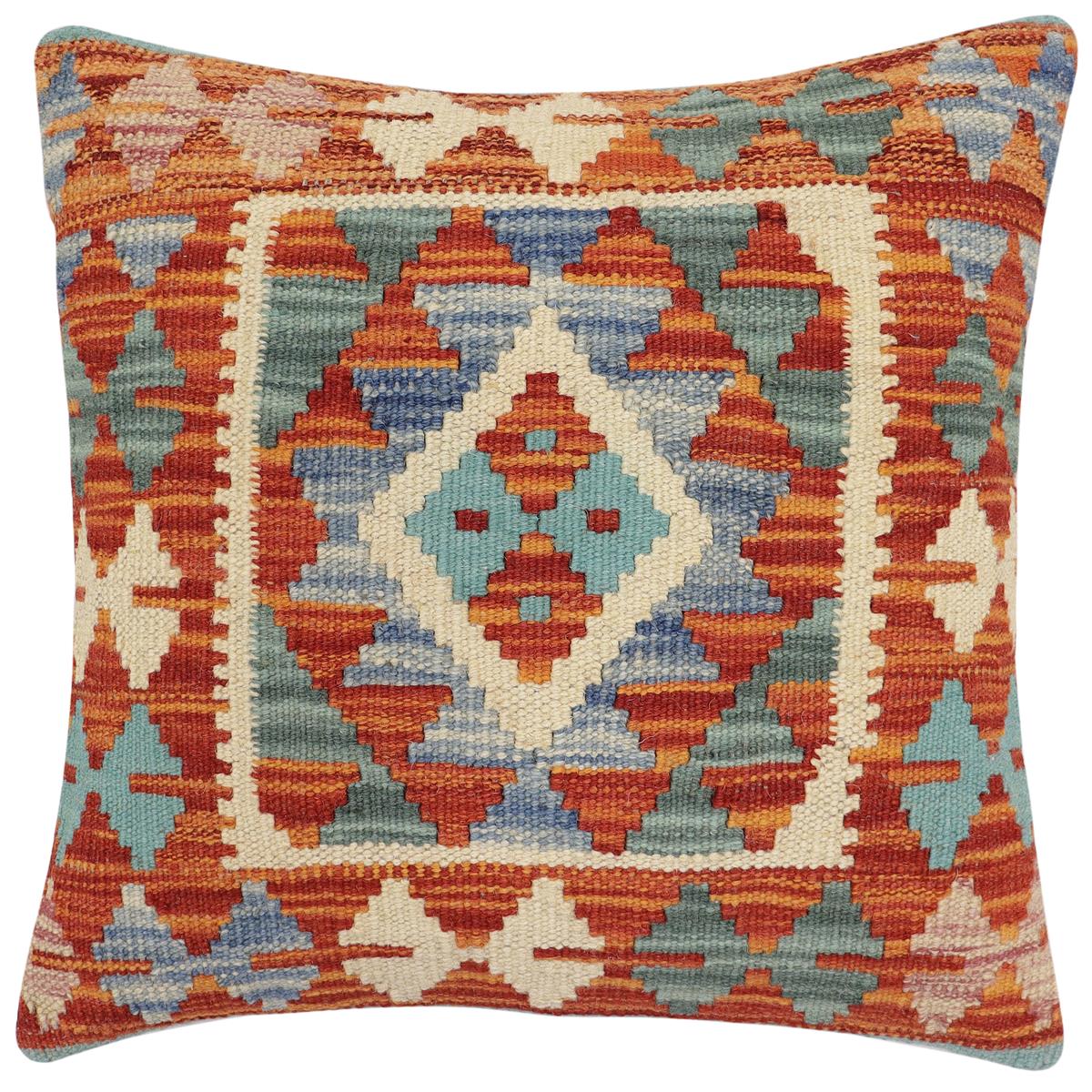 handmade Traditional Pillow Rust Blue Hand-Woven SQUARE 100% WOOL Hand woven turkish pillow 2 x 2