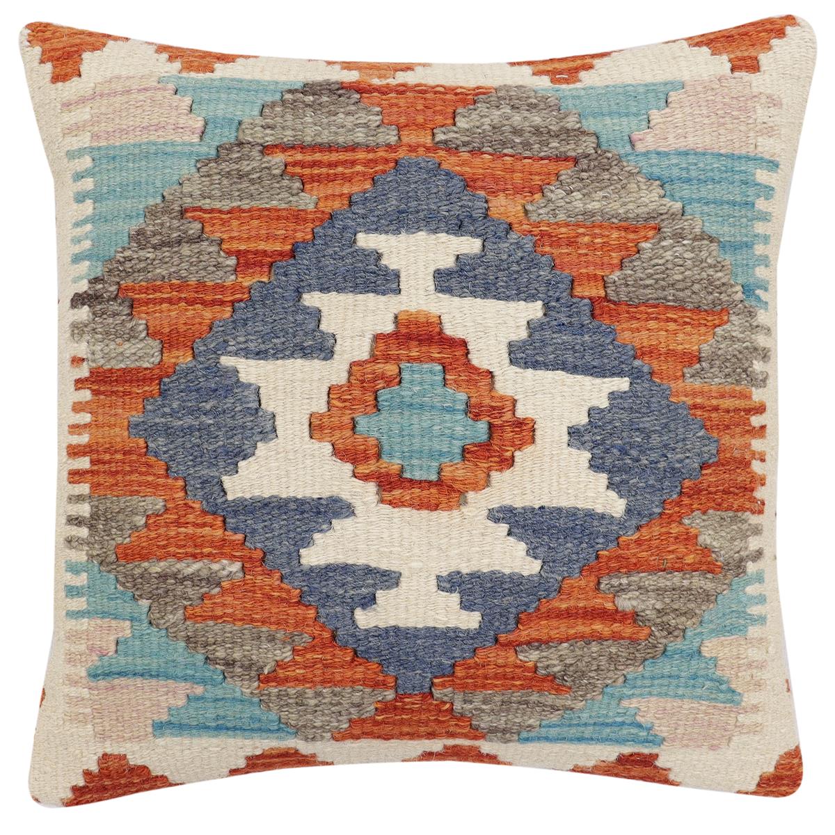 handmade Traditional Pillow Rust Blue Hand-Woven SQUARE 100% WOOL Hand woven turkish pillow2' x 2'