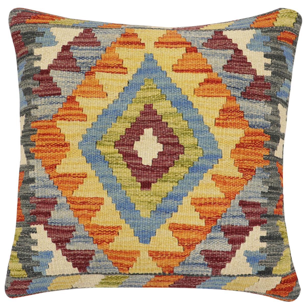 handmade Traditional Pillow Rust Blue Hand-Woven SQUARE 100% WOOL Hand woven turkish pillow 2 x 2