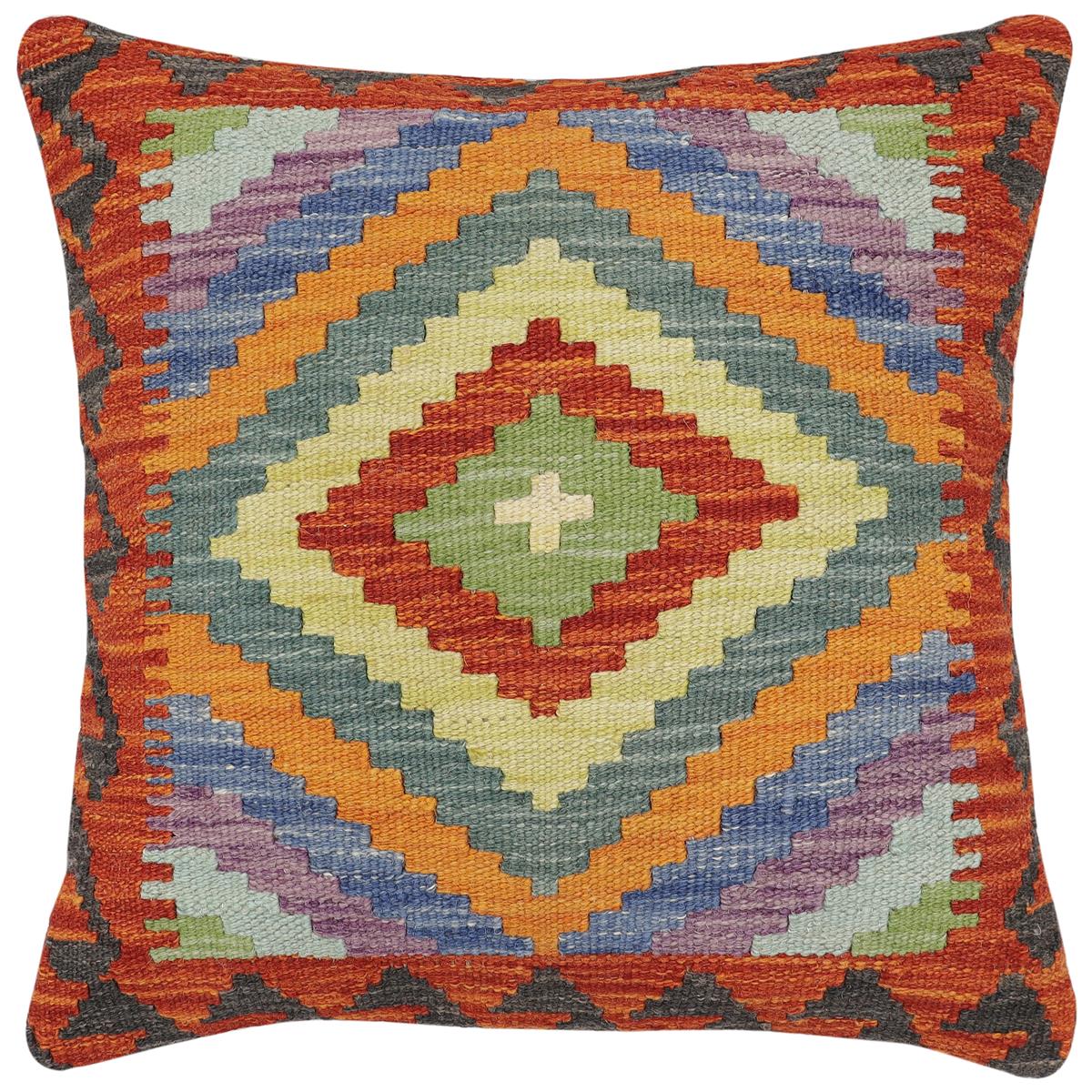 handmade Traditional Pillow Rust Blue Hand-Woven SQUARE 100% WOOL Hand woven turkish pillow2' x 2'