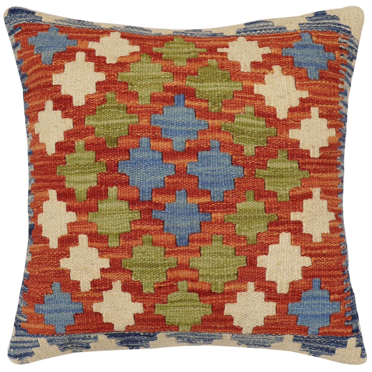 handmade Traditional Pillow Rust Blue Hand-Woven SQUARE 100% WOOL Hand woven turkish pillow2' x 2'