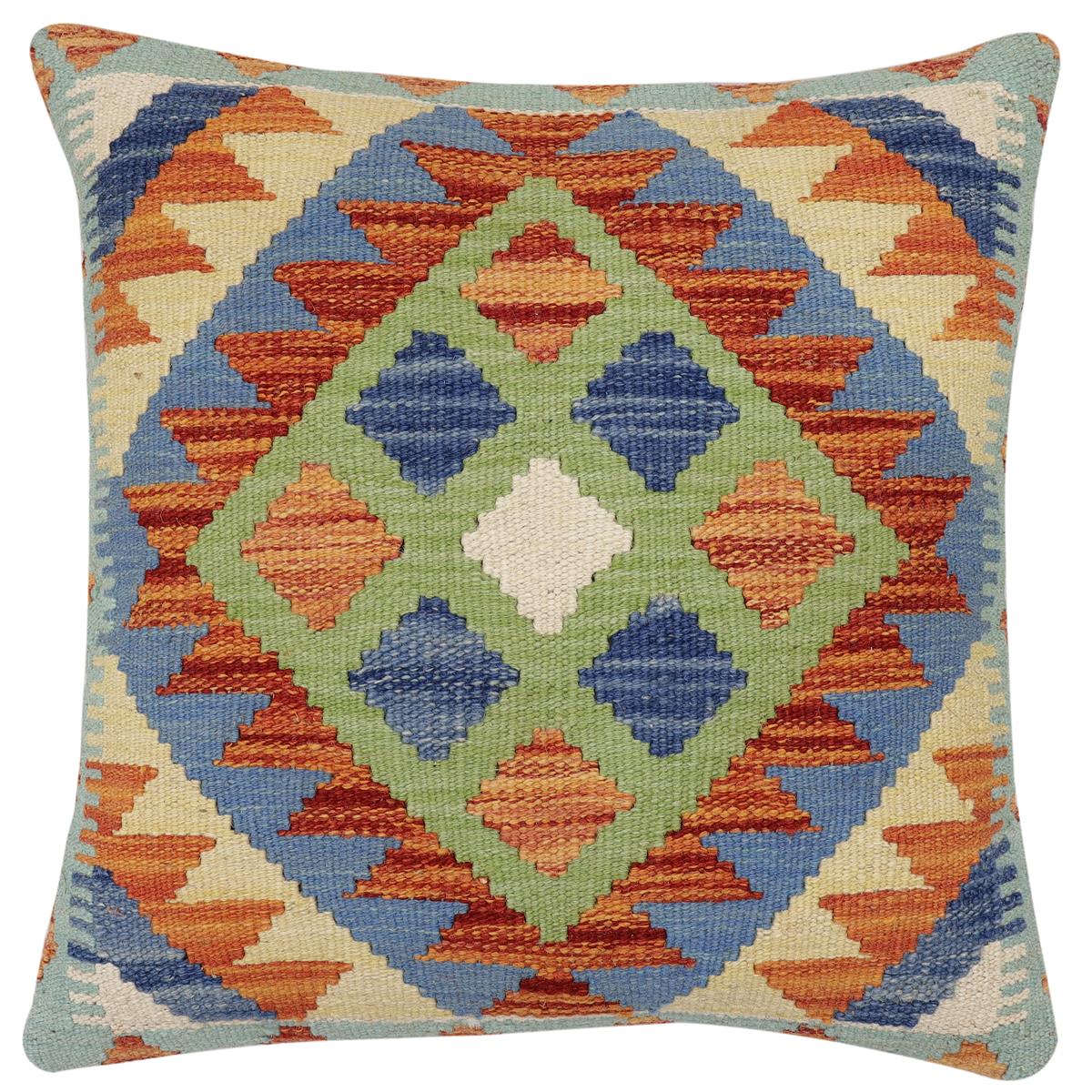 handmade Traditional Pillow Rust Blue Hand-Woven SQUARE 100% WOOL Hand woven turkish pillow 2 x 2