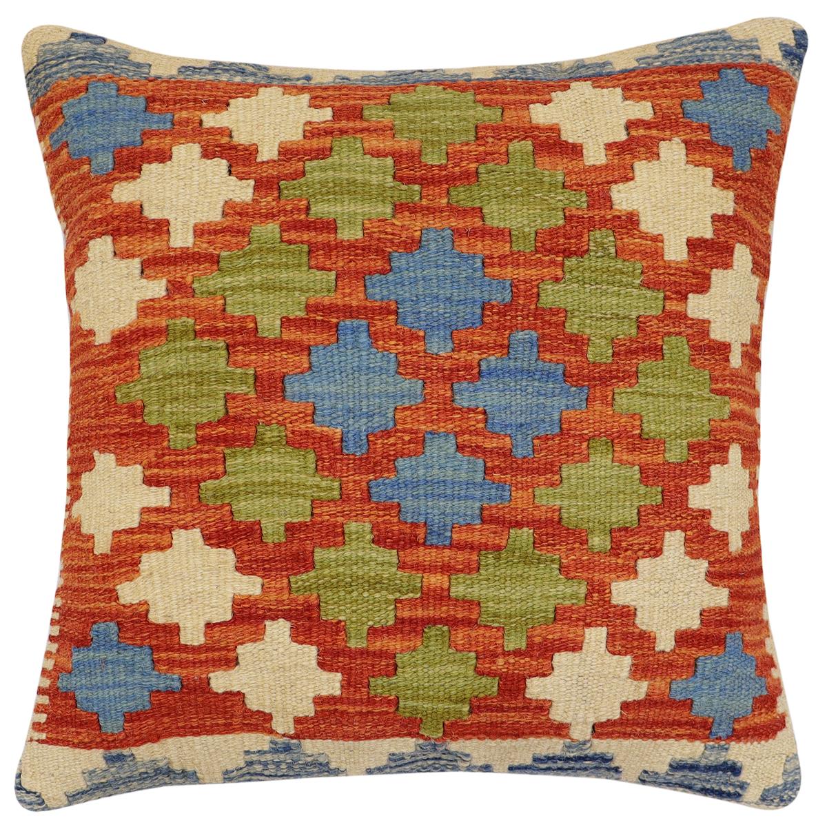 handmade Traditional Pillow Rust Blue Hand-Woven SQUARE 100% WOOL Hand woven turkish pillow2' x 2'