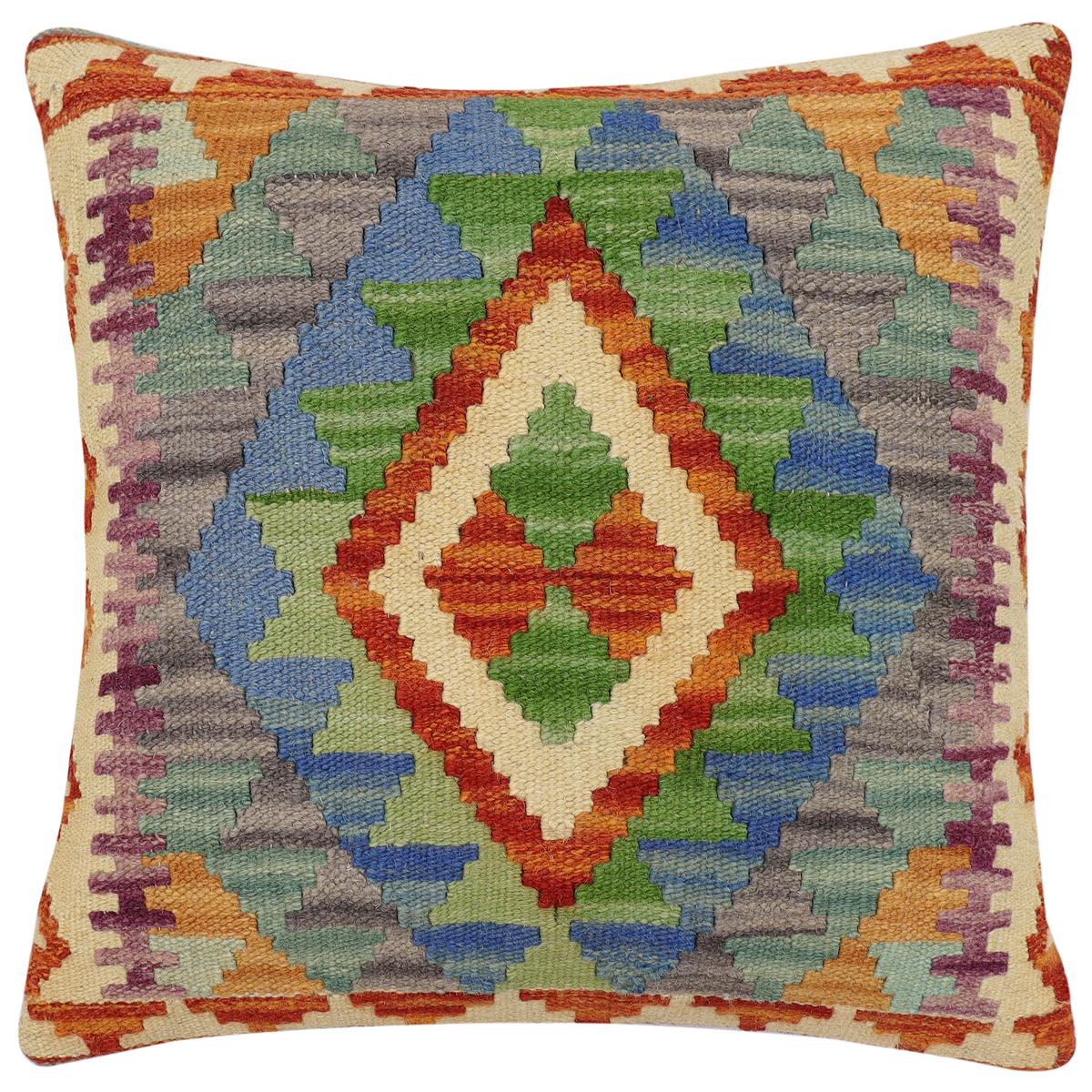 handmade Traditional Pillow Rust Blue Hand-Woven SQUARE 100% WOOL Hand woven turkish pillow 2 x 2