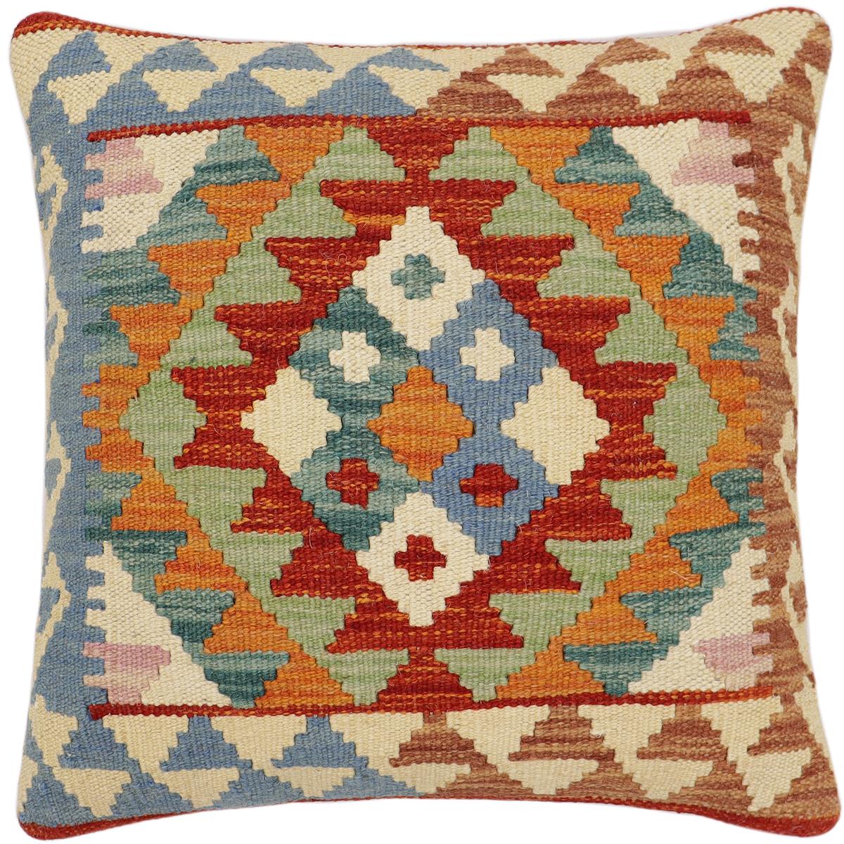 handmade Traditional Pillow Rust Blue Hand-Woven SQUARE 100% WOOL Hand woven turkish pillow 2 x 2