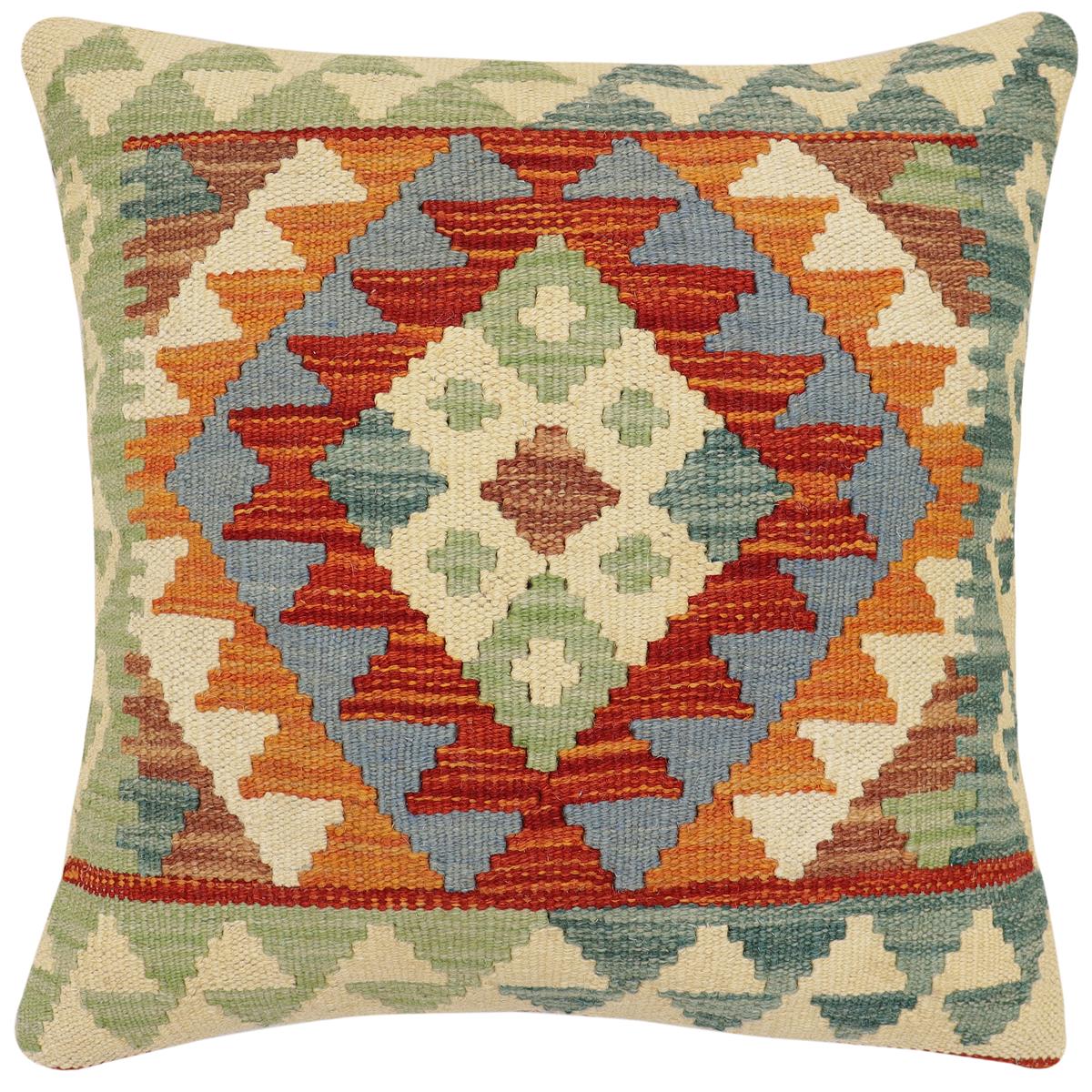 handmade Traditional Pillow Rust Blue Hand-Woven SQUARE 100% WOOL Hand woven turkish pillow 2 x 2