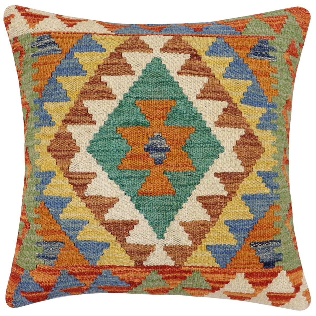 handmade Traditional Pillow Rust Blue Hand-Woven SQUARE 100% WOOL Hand woven turkish pillow2' x 2'