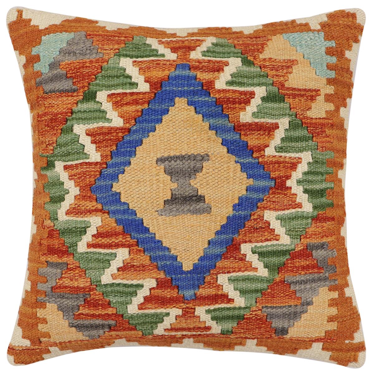 handmade Traditional Pillow Rust Blue Hand-Woven SQUARE 100% WOOL Hand woven turkish pillow 2 x 2