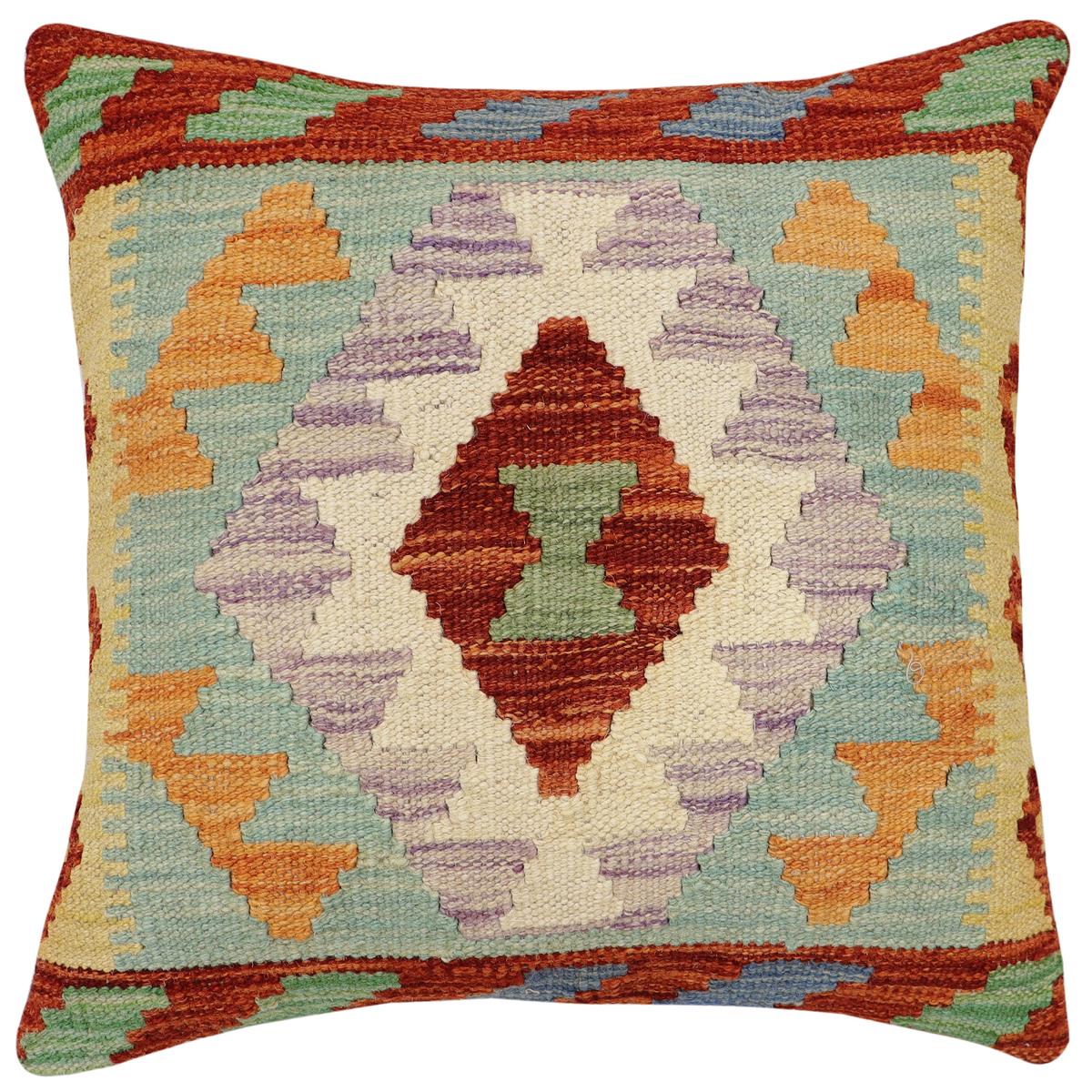handmade Traditional Pillow Rust Blue Hand-Woven SQUARE 100% WOOL Hand woven turkish pillow 2 x 2