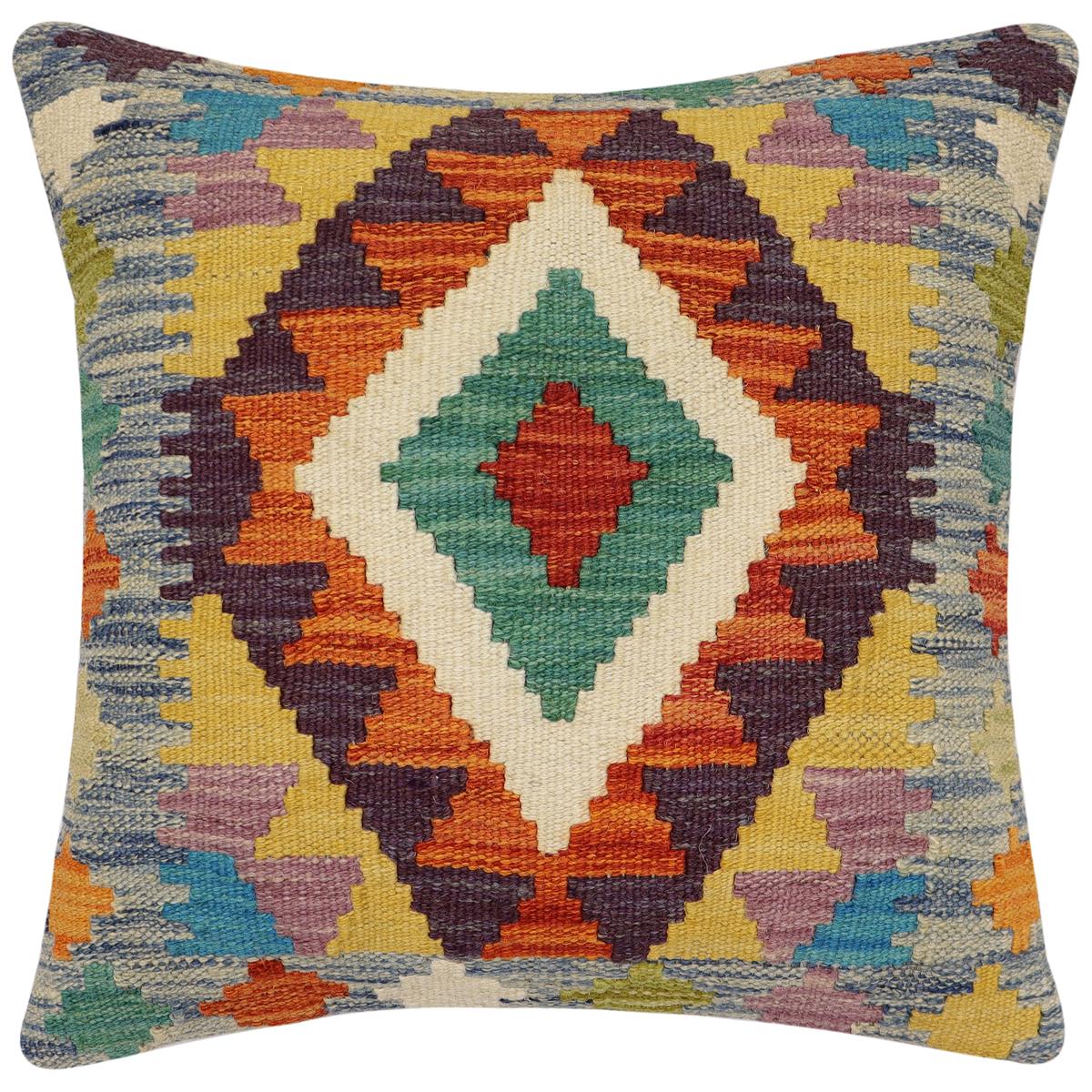 handmade Traditional Pillow Rust Blue Hand-Woven SQUARE 100% WOOL Hand woven turkish pillow2' x 2'