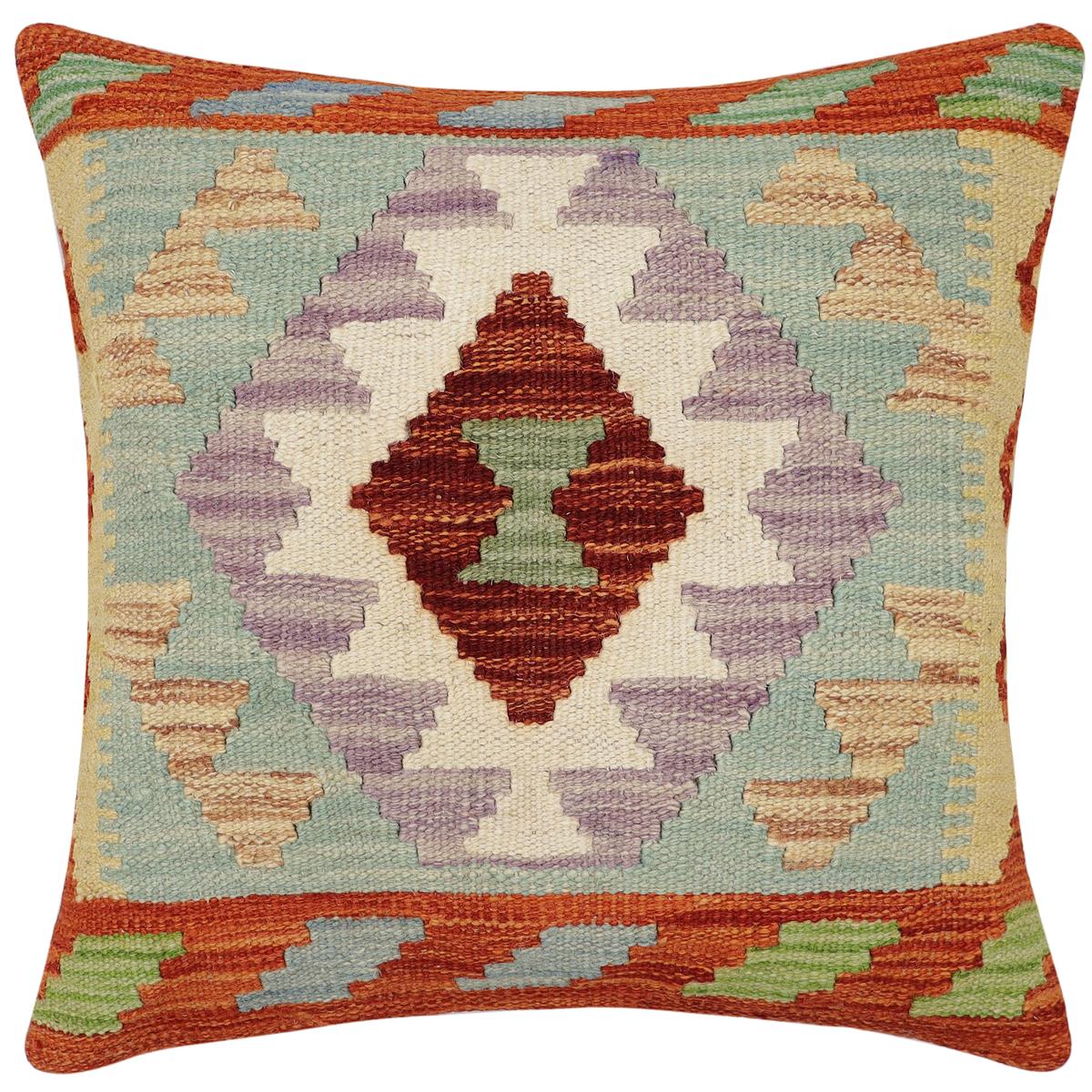 handmade Traditional Pillow Rust Blue Hand-Woven SQUARE 100% WOOL Hand woven turkish pillow 2 x 2