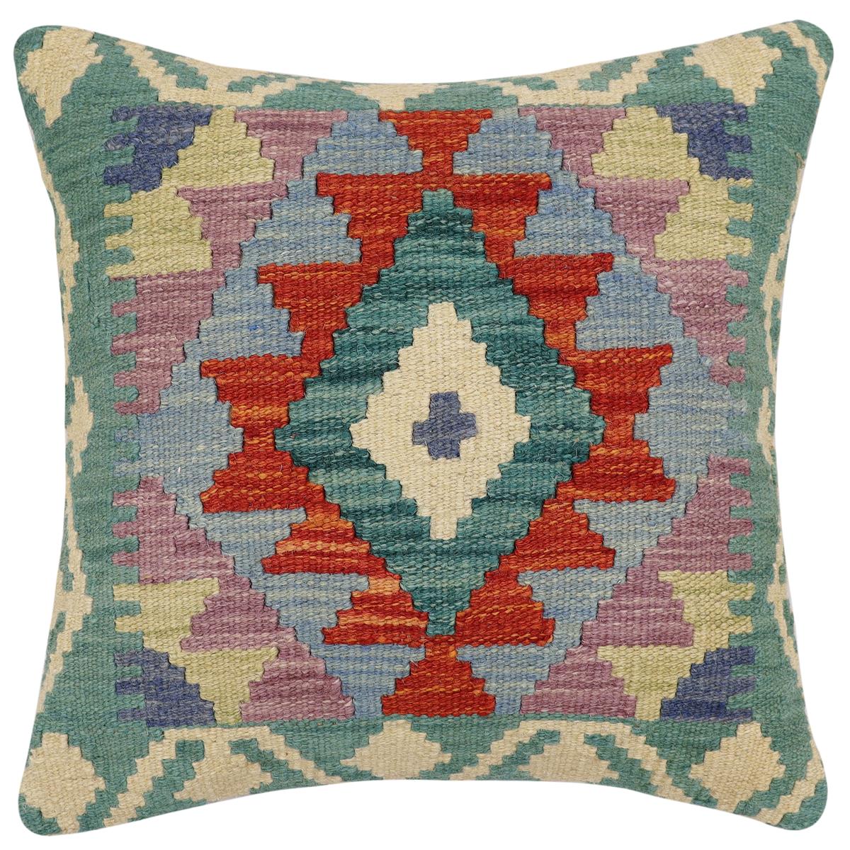 handmade Traditional Pillow Rust Blue Hand-Woven SQUARE 100% WOOL Hand woven turkish pillow2' x 2'