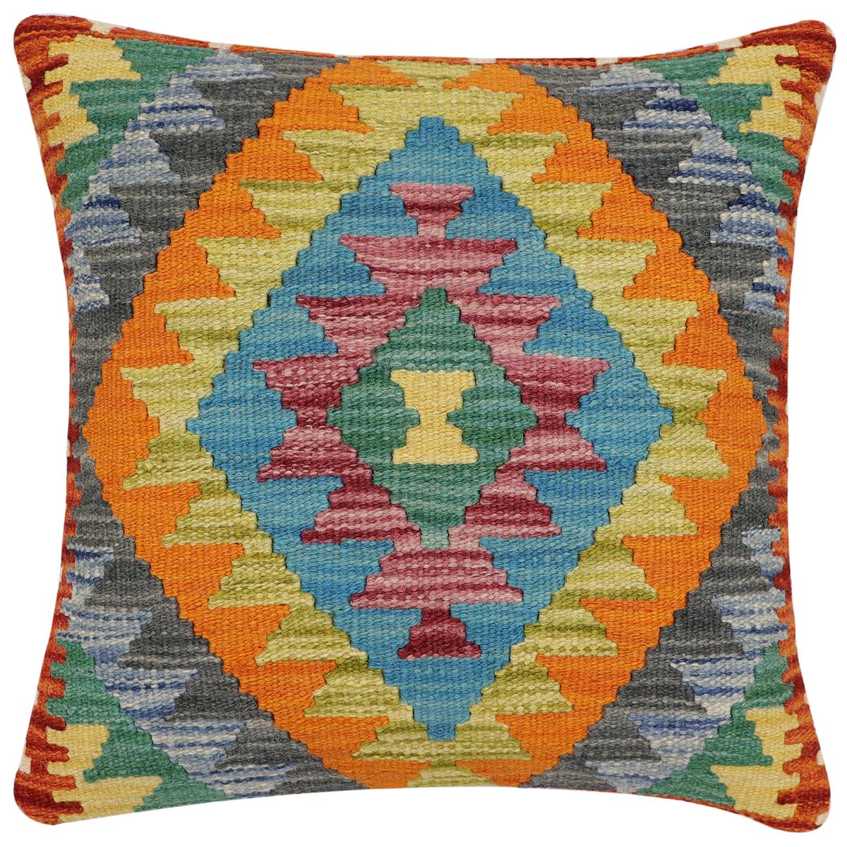 handmade Traditional Pillow Rust Blue Hand-Woven SQUARE 100% WOOL Hand woven turkish pillow2' x 2'
