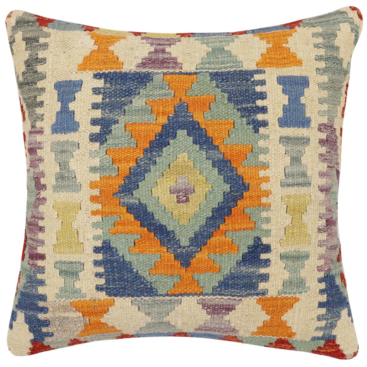 handmade Traditional Pillow Rust Blue Hand-Woven SQUARE 100% WOOL Hand woven turkish pillow 2 x 2