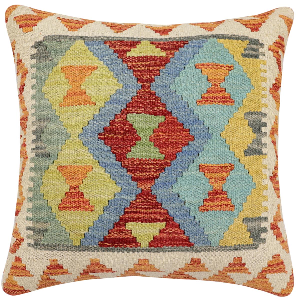 handmade Traditional Pillow Rust Blue Hand-Woven SQUARE 100% WOOL Hand woven turkish pillow 2 x 2
