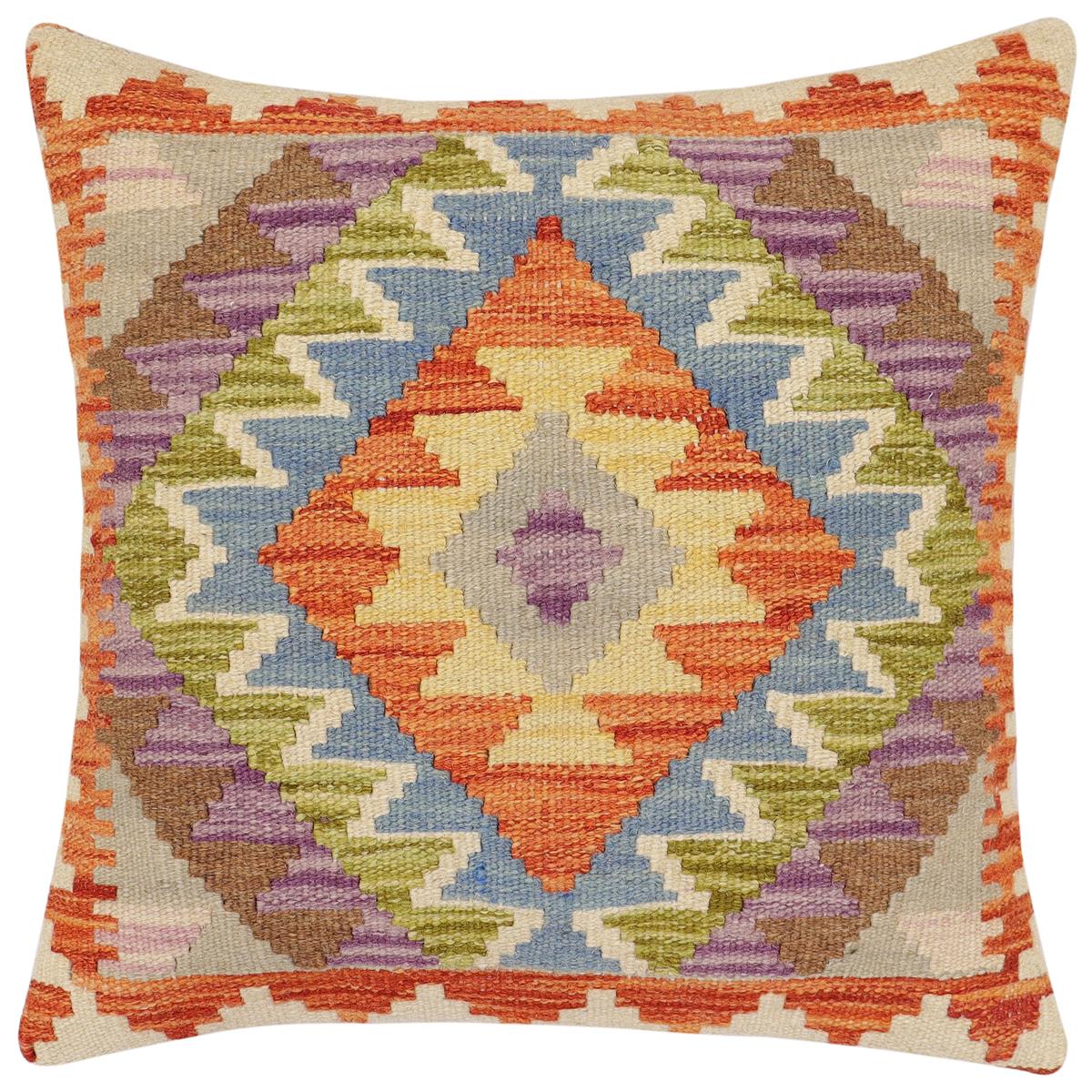 handmade Traditional Pillow Rust Blue Hand-Woven SQUARE 100% WOOL Hand woven turkish pillow 2 x 2