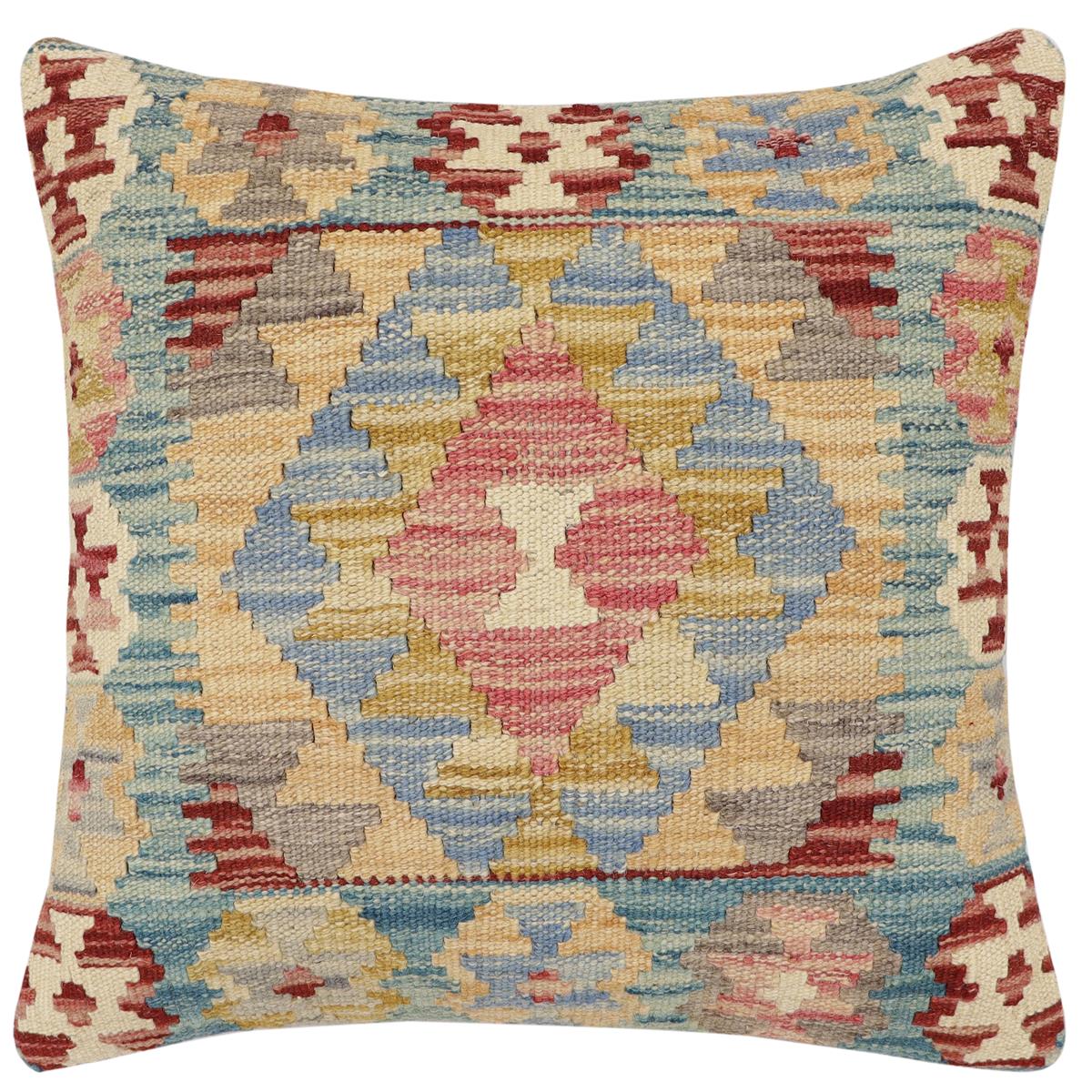 handmade Traditional Pillow Blue Red Hand-Woven SQUARE 100% WOOL Hand woven turkish pillow 2 x 2