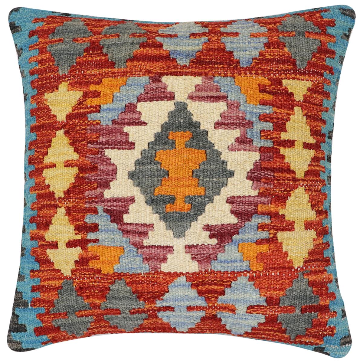 handmade Traditional Pillow Rust Blue Hand-Woven SQUARE 100% WOOL Hand woven turkish pillow 2 x 2