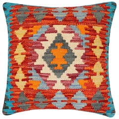 handmade Traditional Pillow Rust Blue Hand-Woven SQUARE 100% WOOL Hand woven turkish pillow 2 x 2