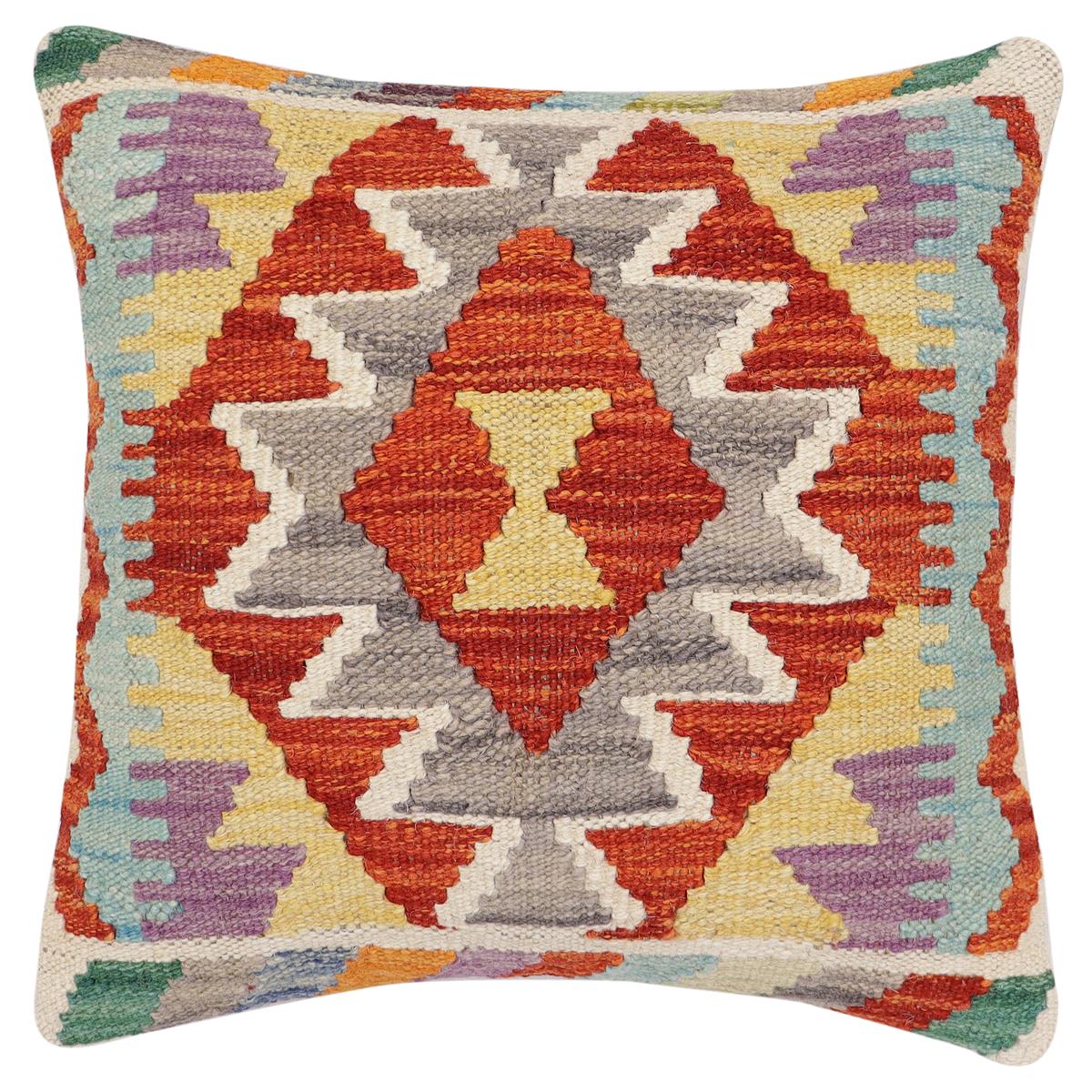 handmade Traditional Pillow Rust Blue Hand-Woven SQUARE 100% WOOL Hand woven turkish pillow 2 x 2