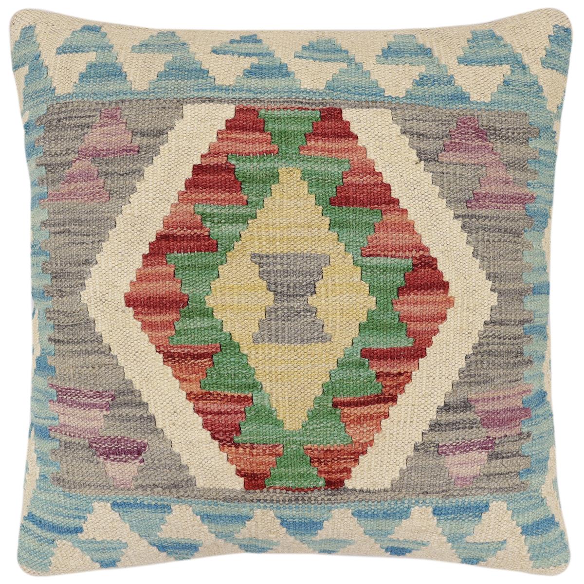 handmade Traditional Pillow Blue Red Hand-Woven SQUARE 100% WOOL Hand woven turkish pillow2' x 2'