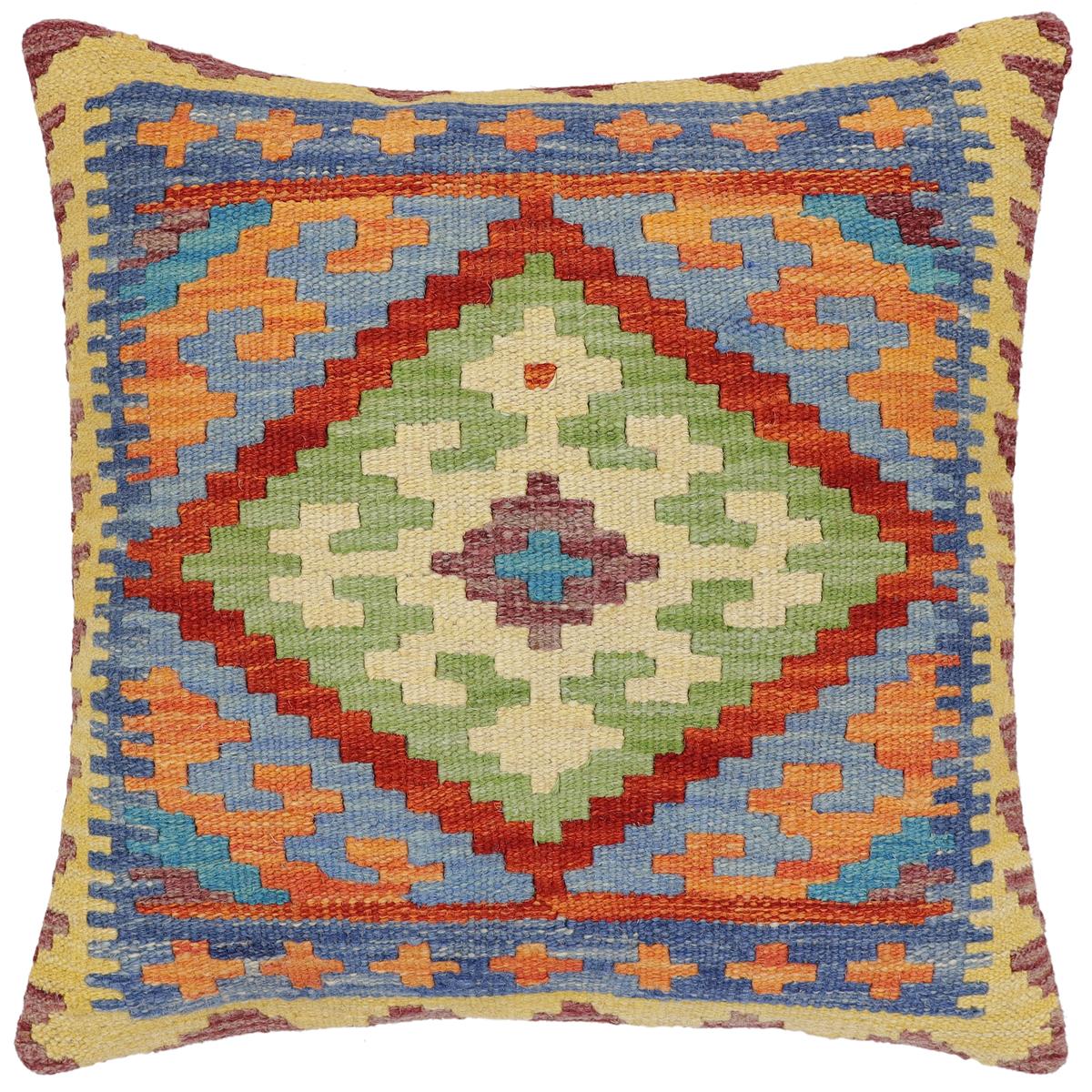 handmade Traditional Pillow Rust Blue Hand-Woven SQUARE 100% WOOL Hand woven turkish pillow2' x 2'
