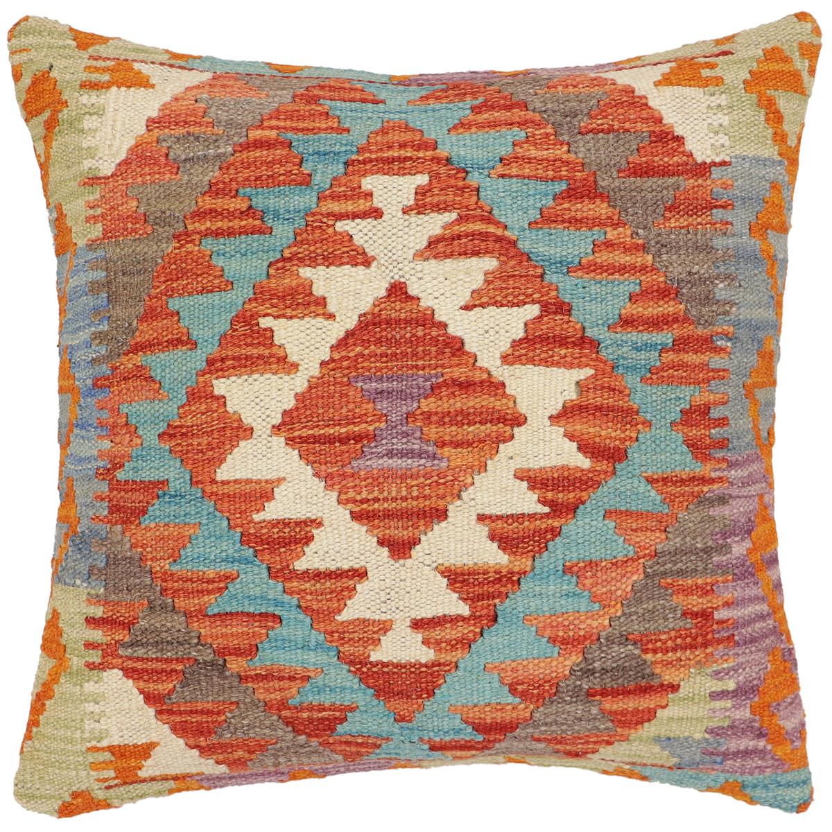 handmade Traditional Pillow Rust Blue Hand-Woven SQUARE 100% WOOL Hand woven turkish pillow2' x 2'