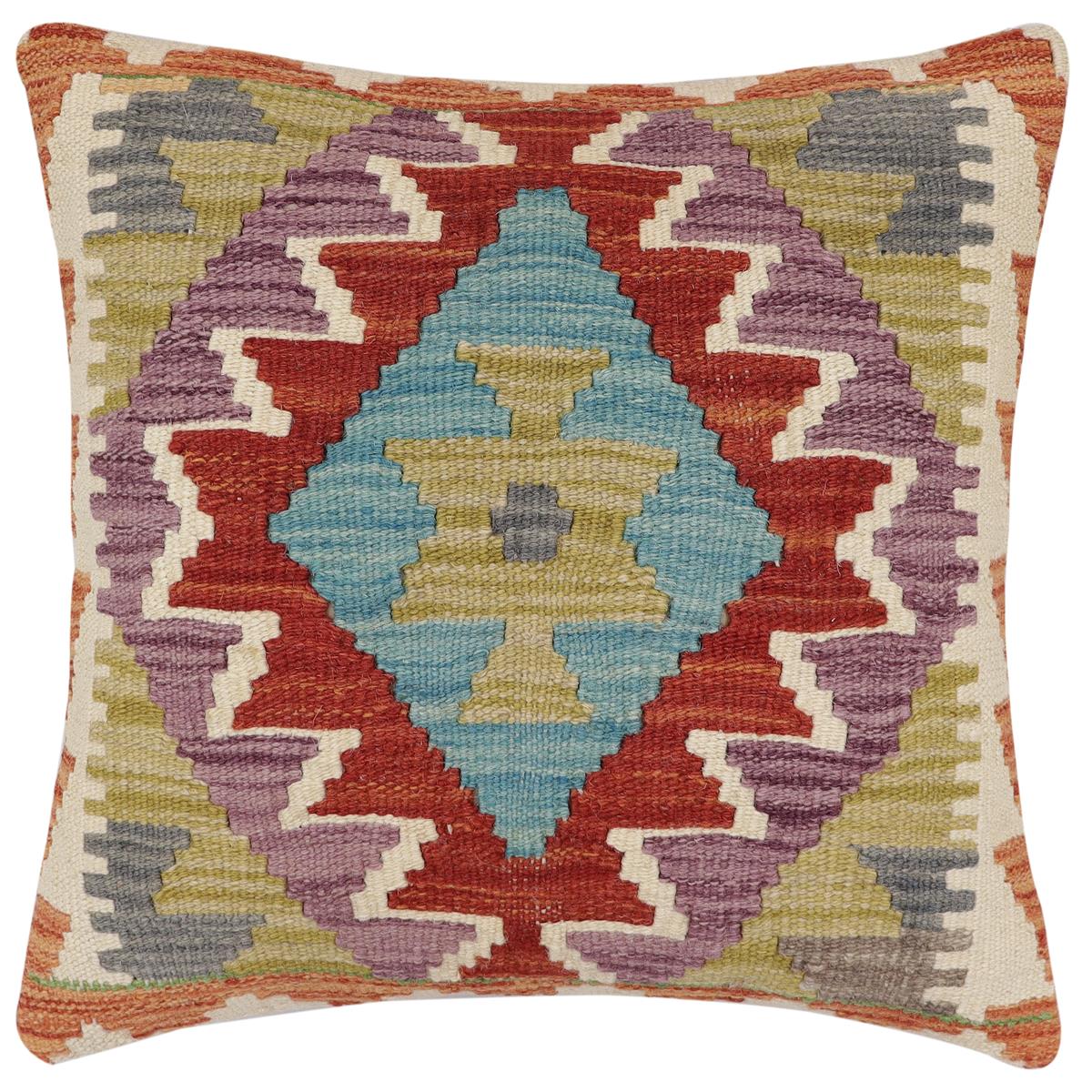 handmade Traditional Pillow Rust Blue Hand-Woven SQUARE 100% WOOL Hand woven turkish pillow 2 x 2