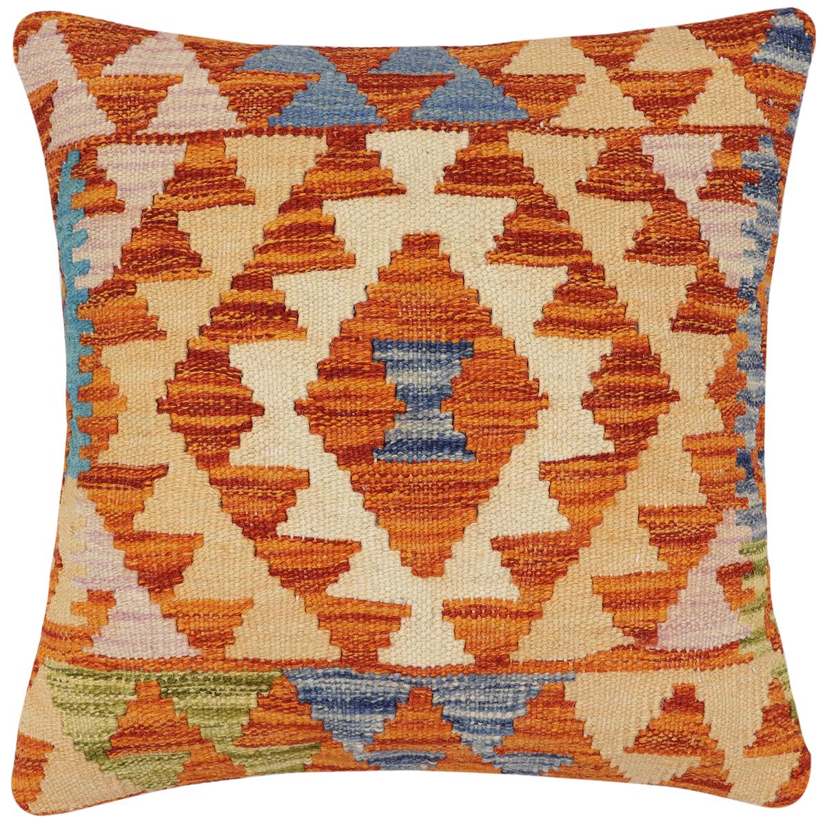 handmade Traditional Pillow Rust Blue Hand-Woven SQUARE 100% WOOL Hand woven turkish pillow2' x 2'