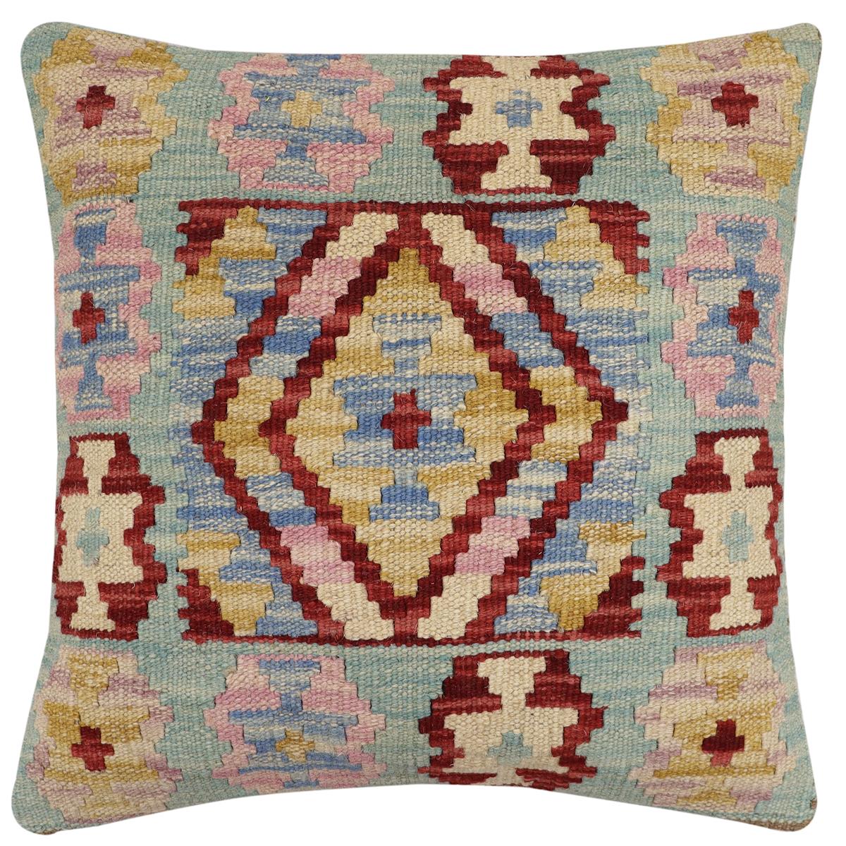 handmade Traditional Pillow Blue Red Hand-Woven SQUARE 100% WOOL Hand woven turkish pillow2' x 2'