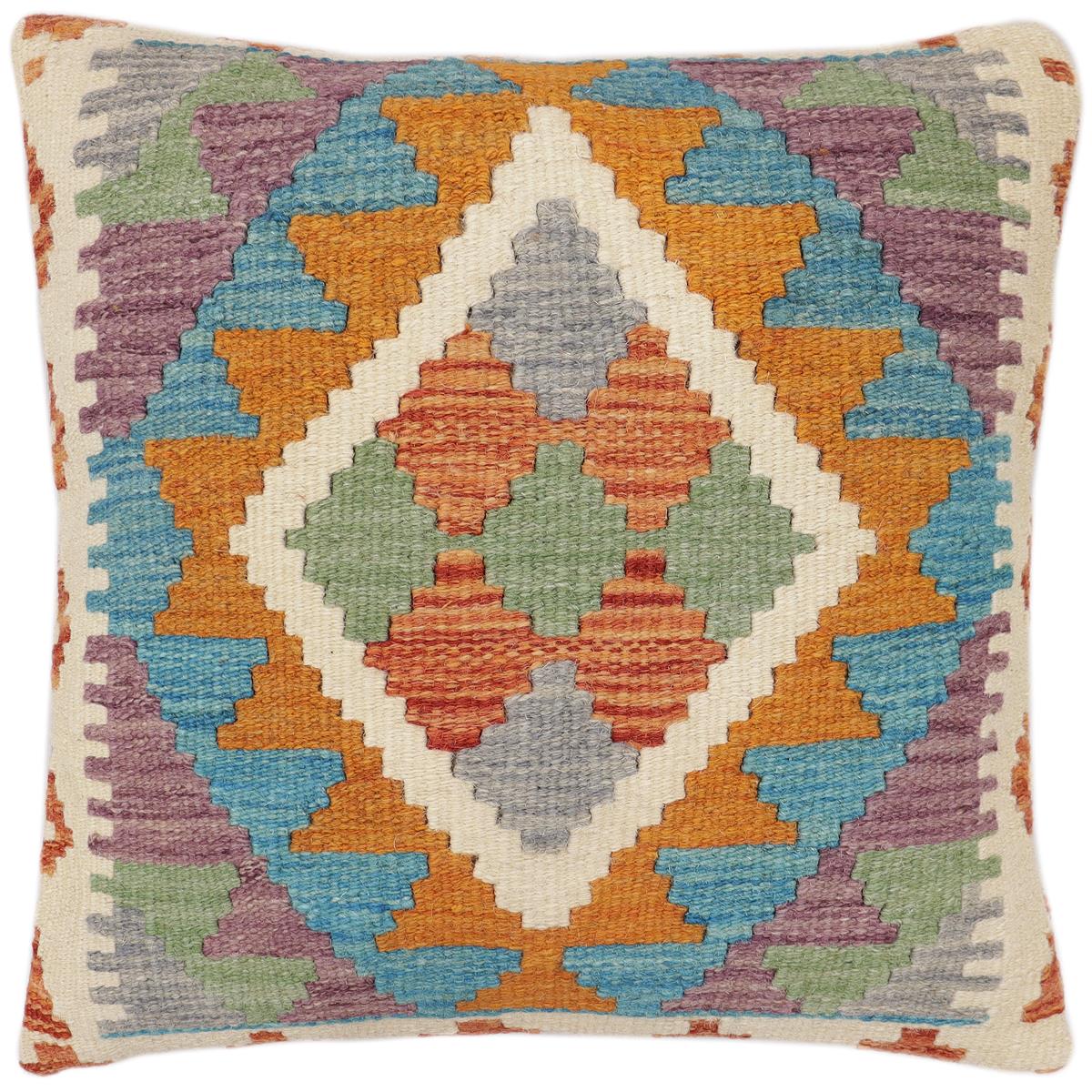 handmade Traditional Pillow Rust Blue Hand-Woven SQUARE 100% WOOL Hand woven turkish pillow 2 x 2