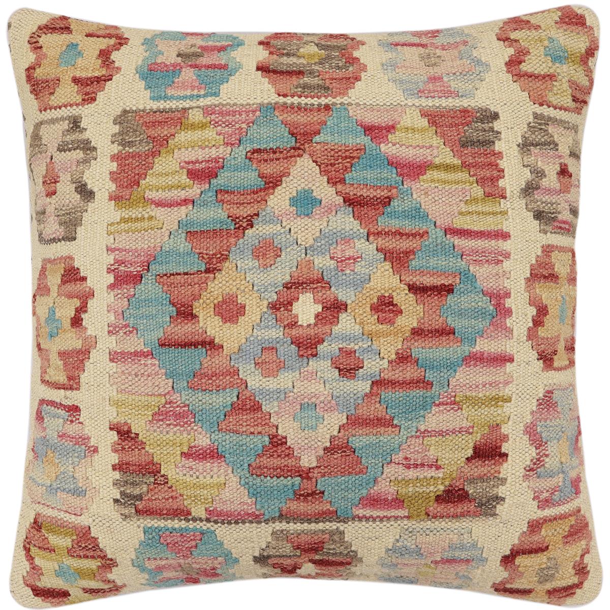 handmade Traditional Pillow Red Blue Hand-Woven SQUARE 100% WOOL Hand woven turkish pillow 2 x 2