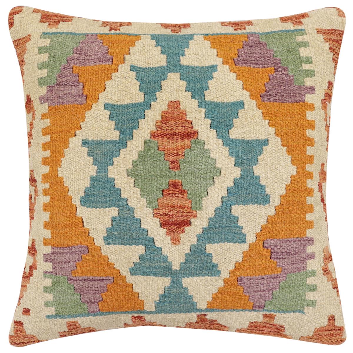 handmade Traditional Pillow Rust Blue Hand-Woven SQUARE 100% WOOL Hand woven turkish pillow2' x 2'