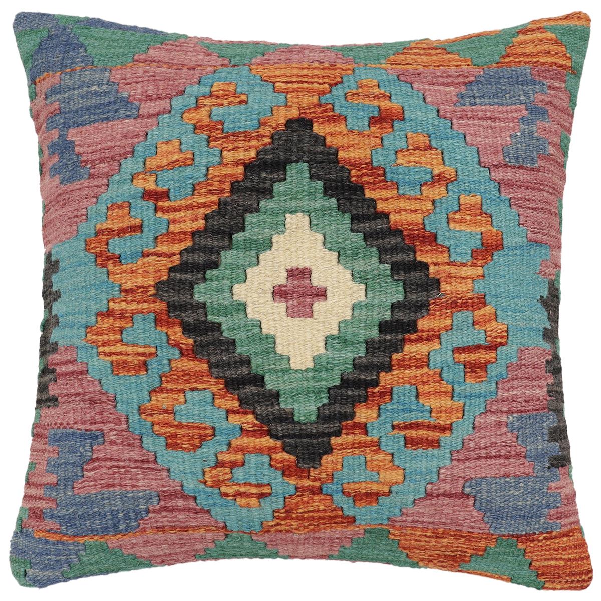 handmade Traditional Pillow Rust Blue Hand-Woven SQUARE 100% WOOL Hand woven turkish pillow 2 x 2