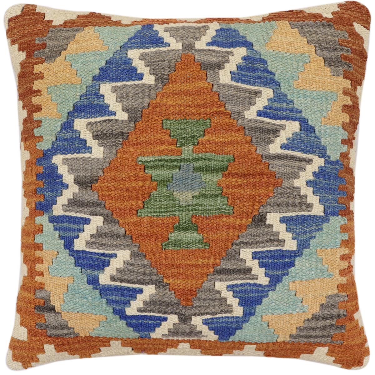 handmade Traditional Pillow Rust Blue Hand-Woven SQUARE 100% WOOL Hand woven turkish pillow 2 x 2