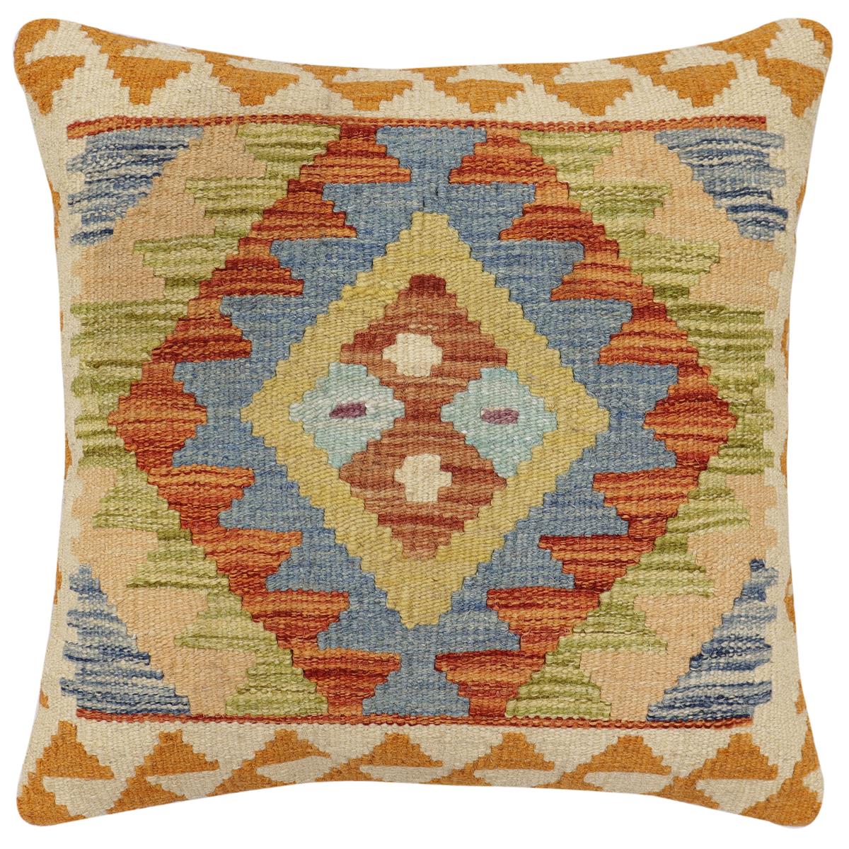 handmade Traditional Pillow Rust Blue Hand-Woven SQUARE 100% WOOL Hand woven turkish pillow2' x 2'
