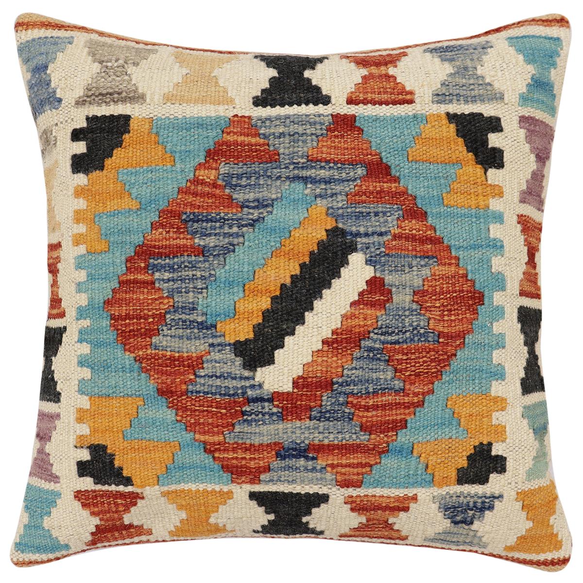 handmade Traditional Pillow Rust Blue Hand-Woven SQUARE 100% WOOL Hand woven turkish pillow 2 x 2