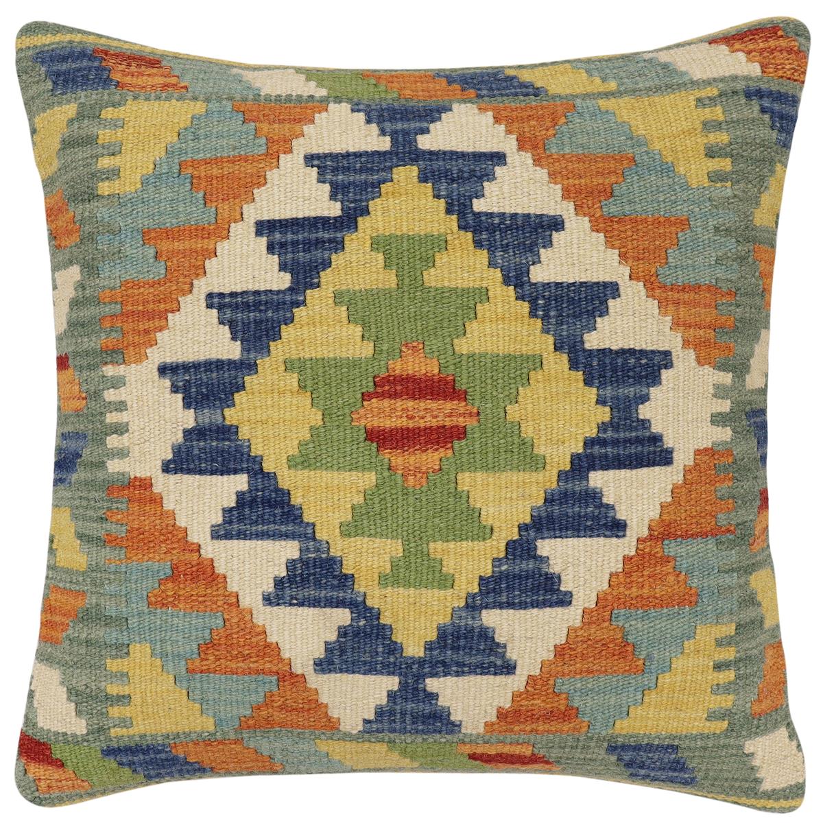 handmade Traditional Pillow Rust Blue Hand-Woven SQUARE 100% WOOL Hand woven turkish pillow2' x 2'
