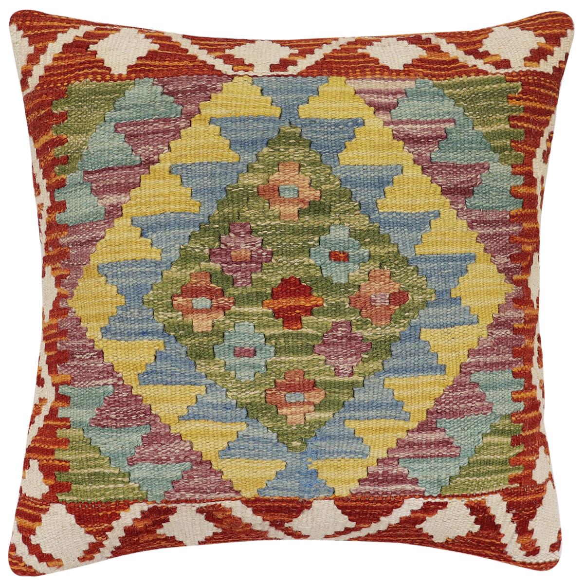 handmade Traditional Pillow Rust Blue Hand-Woven SQUARE 100% WOOL Hand woven turkish pillow2' x 2'