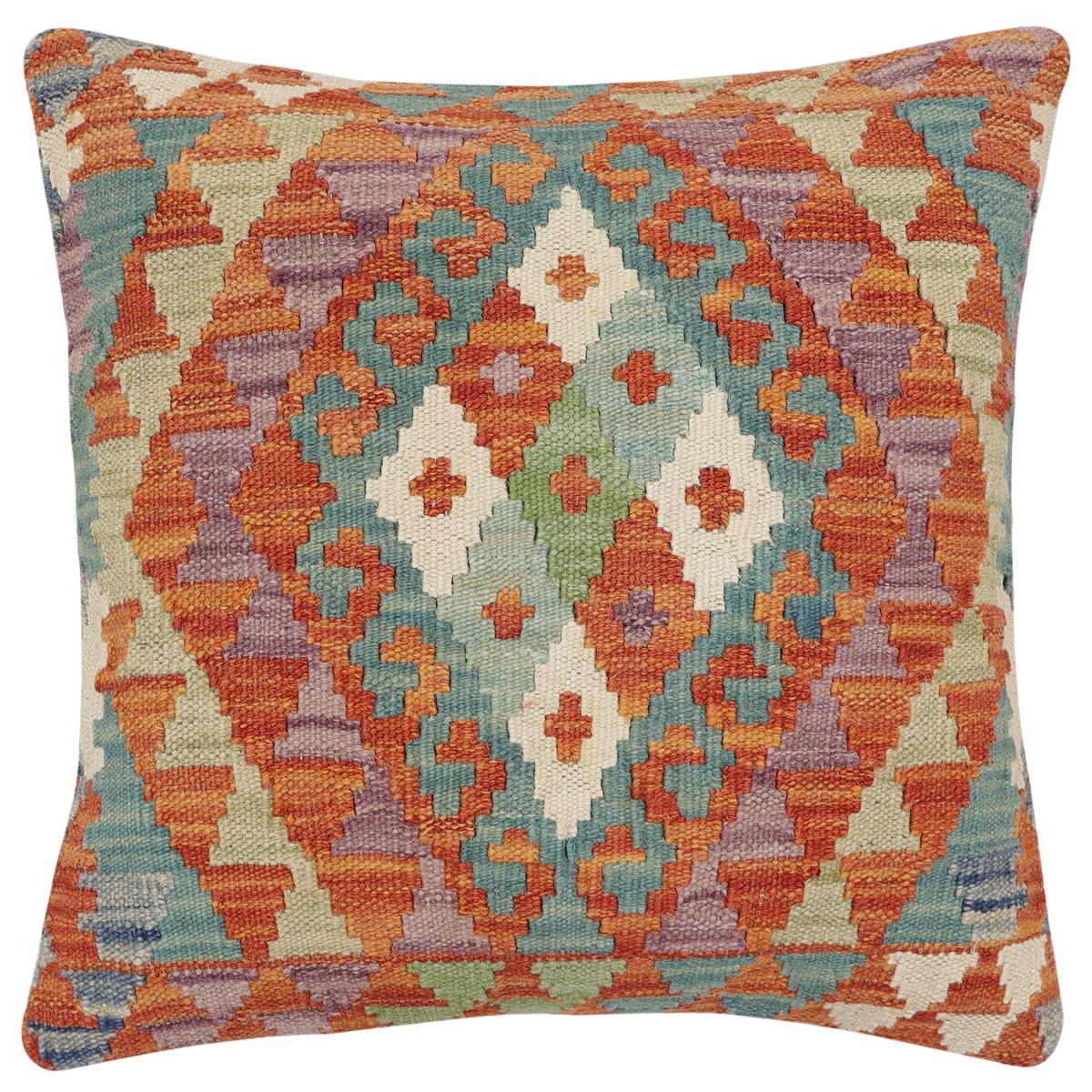 handmade Traditional Pillow Rust Blue Hand-Woven SQUARE 100% WOOL Hand woven turkish pillow 2 x 2
